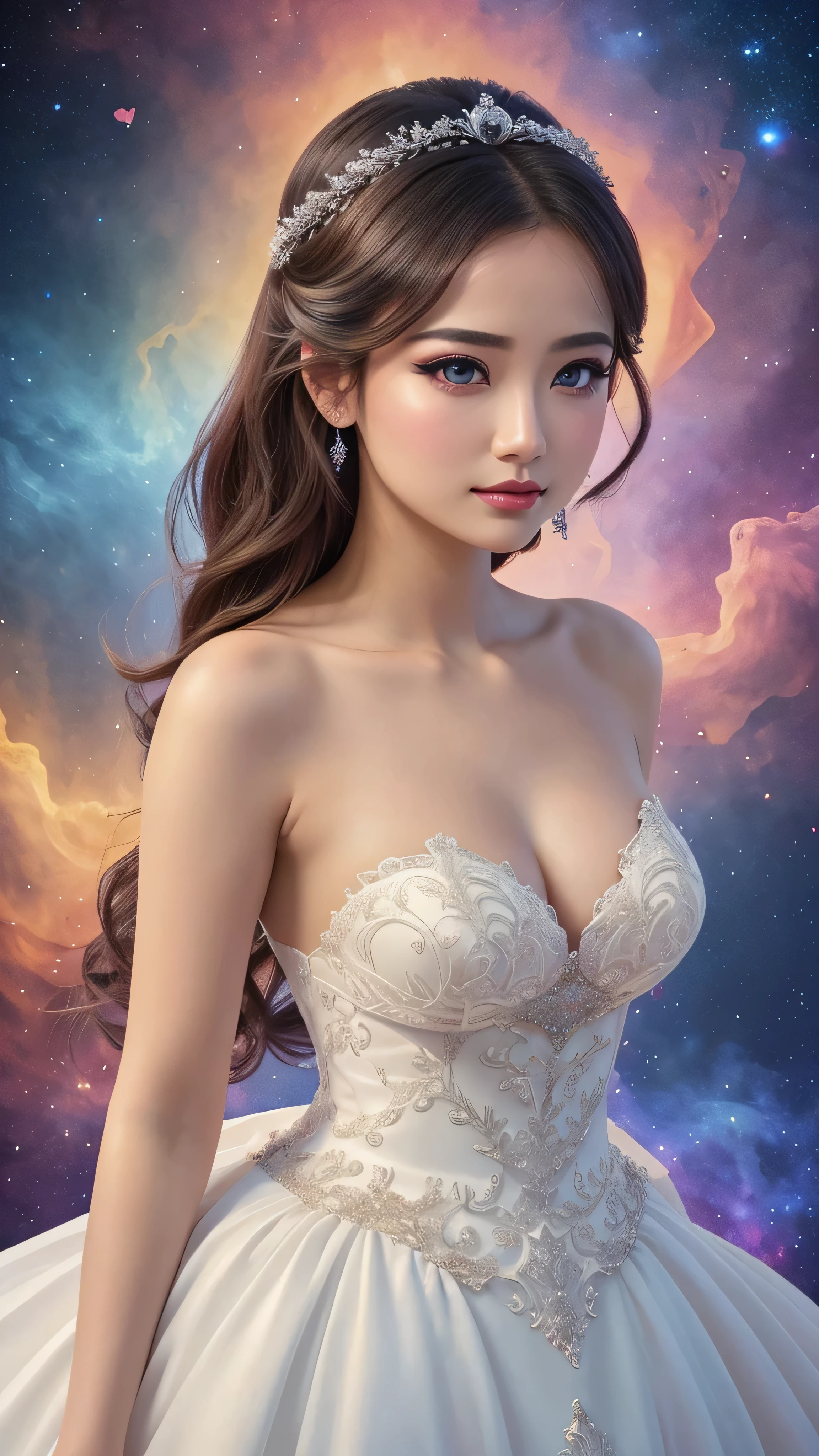 in high-definition images、1 gorgeous girl standing in front of a colorful nebula , ((heart lips )), ( smokey eye makeup ), I'm wearing a white gown , Photo of , perfect eyes , perfect hand, curved hips , super detailed skin, Twilight Rays Destroy Closeups Wearing a Pink Gown , top quality, Deep Shadow, 8k, DSLR, Kodak Ector 100 , XT3, F4, 1/800s, ISO100, A fantastical worldview。