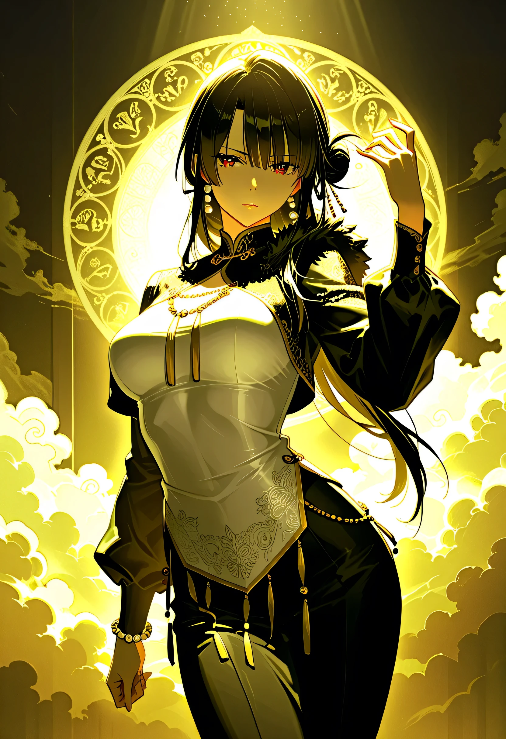 best quality, masterpiece, full body, black skinned woman, long black hair, yellow eyes, black dress with openings