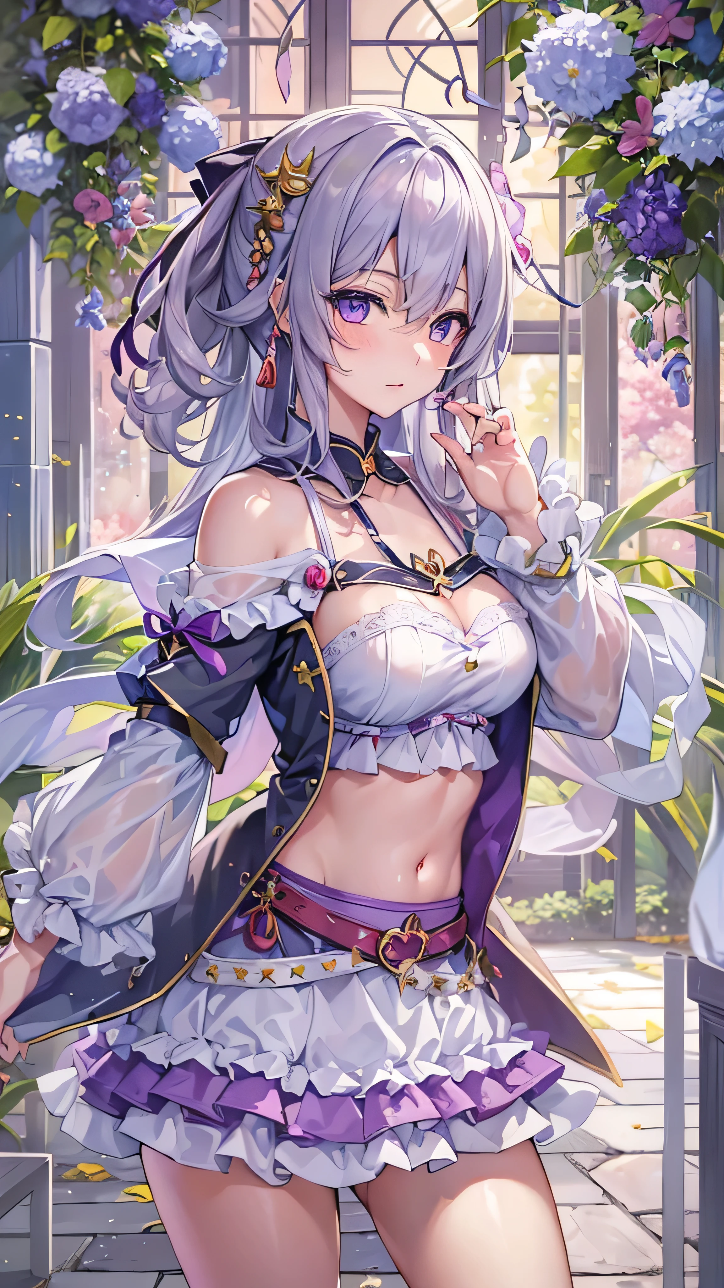 (( masterpiece)), (( top quality)), ((  Kampala )), ((  detailed background  )), ((   high-definition CG Unity 8K wallpaper  )),  alone in,  Emilia,  Silver Hair,  long hair,  purple eyes, Hair bundle,   cowboy、Shots of beautiful women , Outdoors,  Dress,  (( long hair))  Dull bangs,  Crown Blade,  detachable color,  wide sleeve ,  x hair ornament,  Hair Flower,  hair bow, Thigh Boots,  pleats _white_ skirt, [   4K digital art   ]!!,  Thigh Closeup , |  detailed anime ,  beautiful charming anime  ,  (Photorealistic anime girl render with pretty shapes :1.5) ( girl:1.5), 18 years old,   high school student,  beautiful fingers for cows,  beautiful long legs ,  beautiful body, Beautiful Nose,   beautiful character design,  perfect eyes ,  perfect face , belly button,  beautiful hair, sweat,  anime, ( portrait ), ( white dress shirt , Sleeves here wrists , Bottomless,  burple chest :1.5), (lovely big breasts:1.5), ( beautiful face:1.5), ( Narrow Waist ),   beautiful charming anime women  ,  delicate details,  anime girl ,  in、 anime art with beautiful details  ,  beautiful charming anime women ,   delicately patterned portraits ,   smooth animeCG art , 美しい anime girl , 魅力的な anime girl ,   the best anime girls ,  beautiful anime woman ,  boobs,  ecchi anime style , Amorous, High-quality fabric, white brassiere,  Very Elaborate Bras , Ren Hao,  legwear with lace ,   beautiful charming anime women  ,  delicate details, purple blush ,   shiny skin,  estrus, (Style image of woman in white underwear:1.5),  in、 anime art with beautiful details  , Small curved Lori ,   smooth animeCG art ,  beautiful and charming anime s ,   captivating anime girl with attention to detail {x} photorealistic anime girl rendering ,  beautiful charming anime women , And soul,  Soft Lighting , 美しい anime girl , 魅力的な anime girl ,  perfect body with realistic shading,
