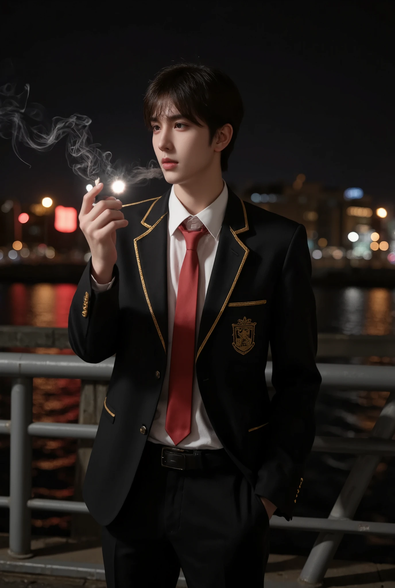A young man with tousled dark hair and sharp facial features stands on a dimly lit bridge at night, exuding a rebellious and mysterious aura. He wears a stylish black and gold-trimmed school uniform with a red tie, resembling an elite academy student. Holding a lit cigarette between his fingers, he exhales a swirl of smoke that dances in the cool night air. His gaze is intense and contemplative, as the blurred cityscape behind him glows with red and yellow lights, reflecting off the water. The mood is cinematic and dramatic, with a mix of elegance and danger.
