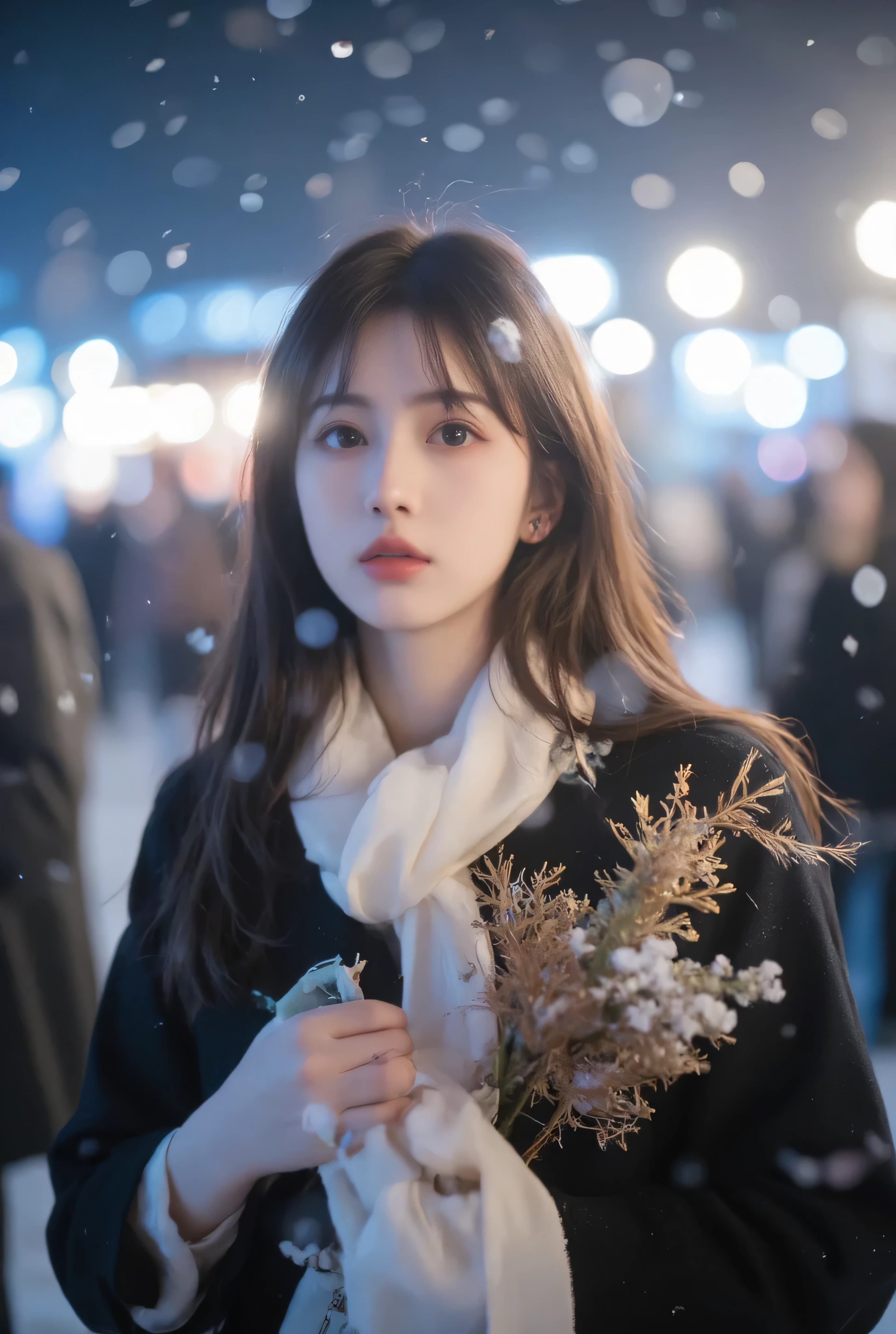 （masterpiece, best quality :1.2), winter,1 woman, [white breath] 、( Fantastic)Winter Festival 、 Snowflakes、❄️、cinematic lighting ,focus on her face,background blur,  fantastic