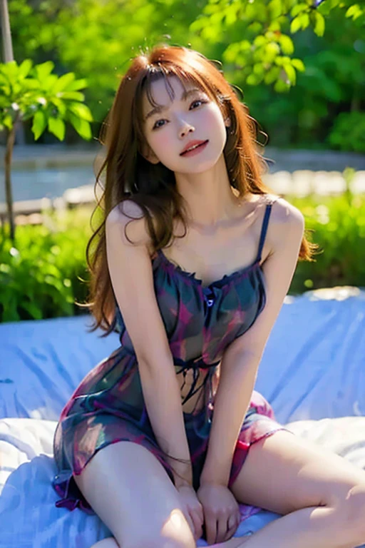 Beautiful skin, shining skin, shining hair, Long hair, hair bang, black purple pink hair, wide flat chest, summer outfit, sexy legs, sitting grass, phosphorescent, gentle lights, vibrant colours, intricate details, high quality, masterpiece, photography
