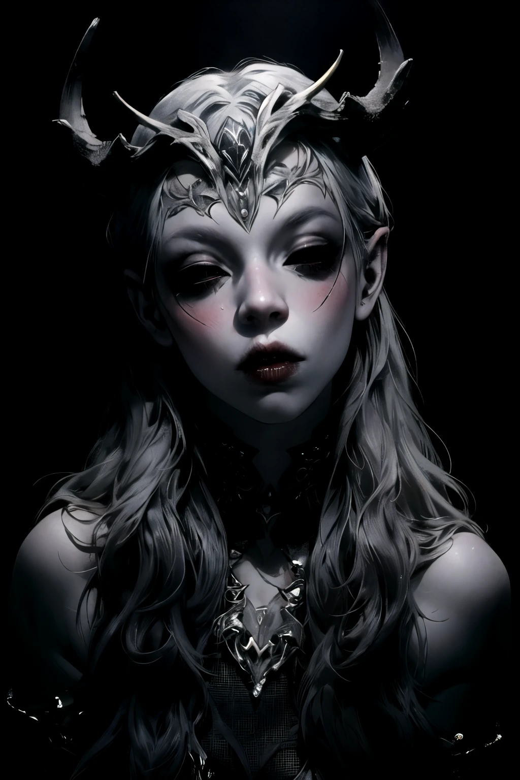 1girl,demon girl,simple background,black background,veil over eyes, close up, photorealistic, masterpiece, dark, thick overflowing long hair, forward leaning,