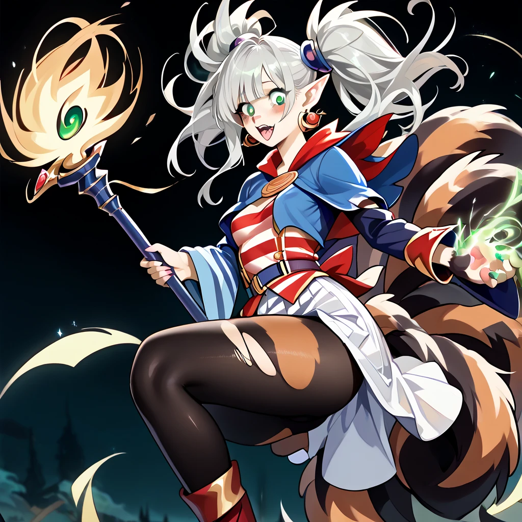 girl with long white hair, with a sash around her chest, a skirt made of bearskin with long boots, with lion ears and huge red wings sitting on a rock in the forest with gaps of sunlight hitting her, with scars on the forearms and slightly pointed nails, a more savage appearance