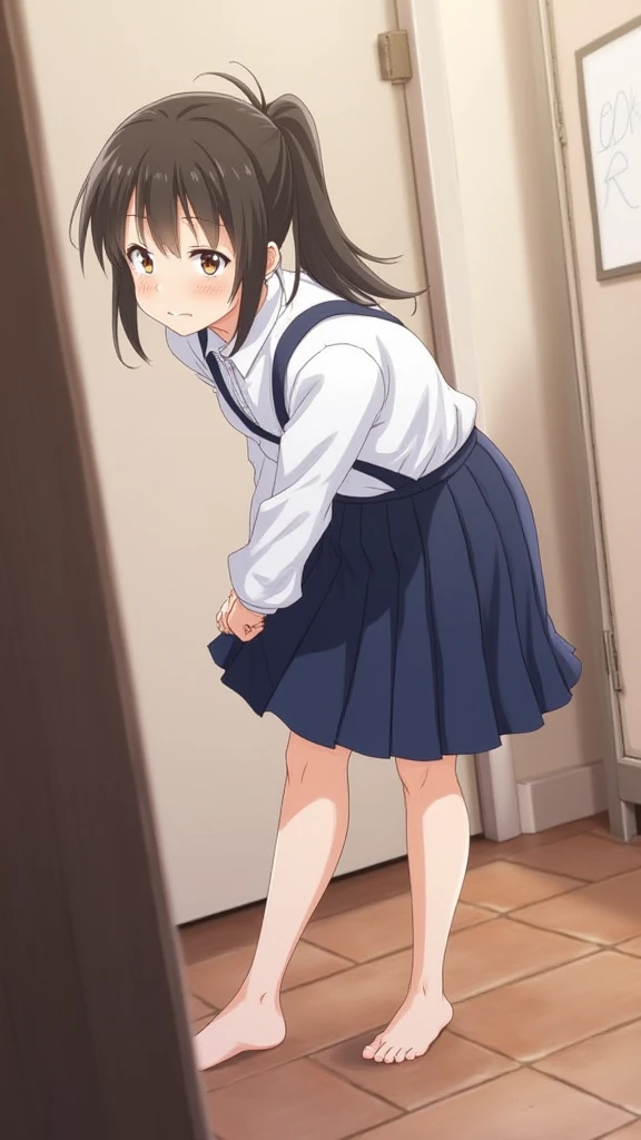 Peeing self, Have to pee, Anime, looking at camera, embarrassed, blush, pee stain, pee stain on skirt, peeing, yellow pee, tears, crying, out of breath, sweating, short skirt, blue eyes, brown hair, white clothes, one girl