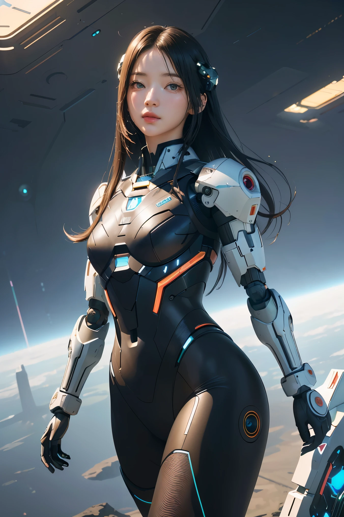 (masterpiece, top quality, best quality, official art, beautiful and aesthetic:1.2), (1girl), (fractal art:1.2),absurdres, highres, ultra detailed, Ultra-precise depiction, solo, (zentangle:1.2), floating hair, shiny skin, (abstract:1.2), pantyhose,looking at viewer, cyberpunk robot, complex robot, halo,