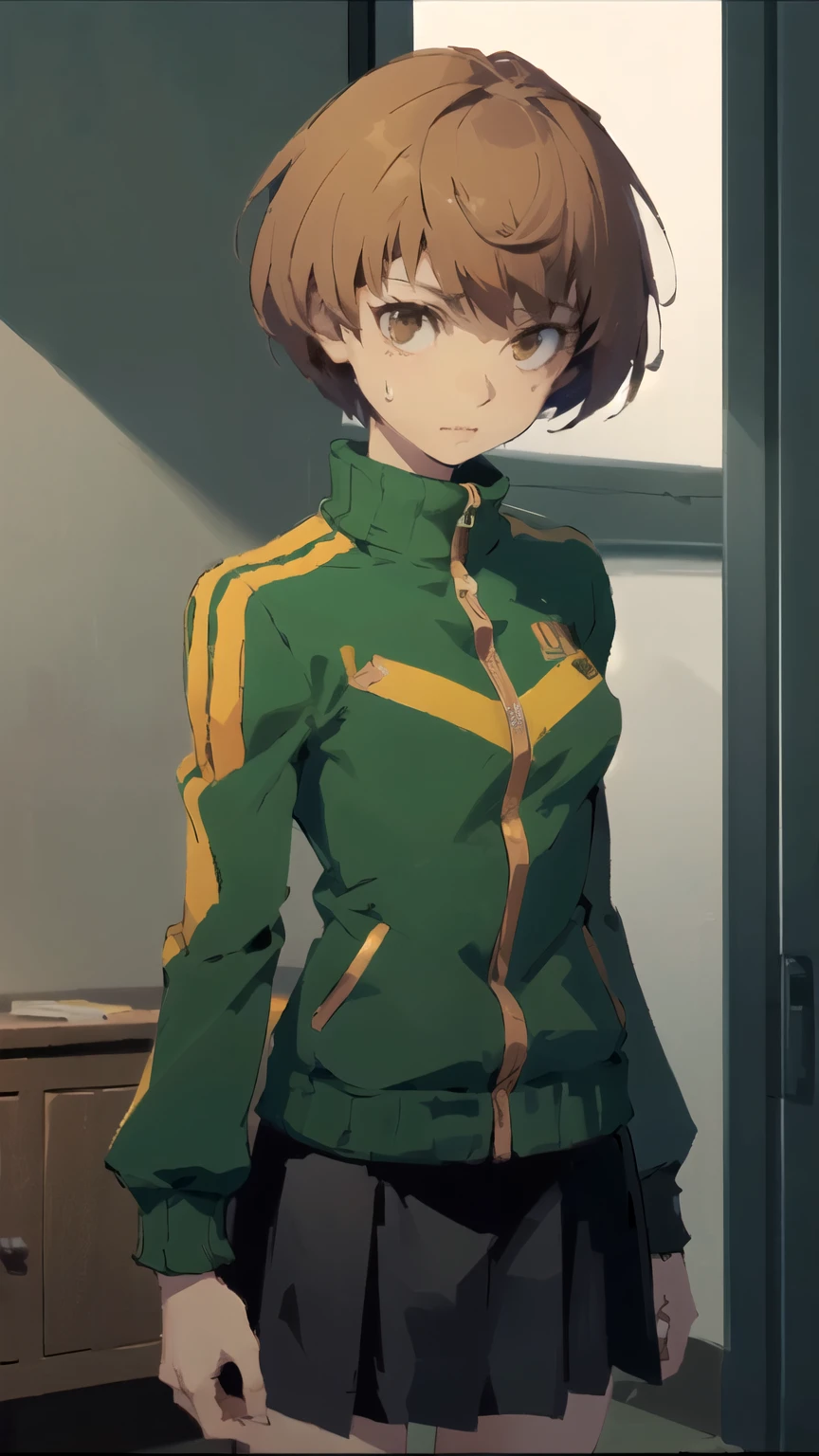 ((masterpiece,best quality)), {megaman_legends, lowpoly, PS1, PSX, pixelated } {horror_edit : } {} { (Chie: short_hair : brown_hair : brown_eyes : perfectly_small_shape_breast : : } { green_tracksuit : skirt } { close_up :} {standing_still} { { no_emotion : hypnosis : stoic_expression }} { sweating } { } : dark room : }