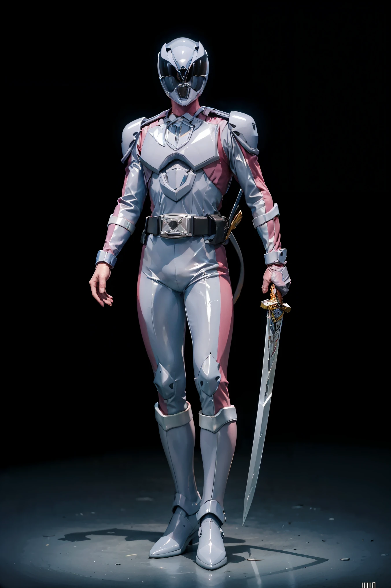 full body, Illustration, cinematic light, high resolution, best quality, ultra-detailed, masterpiece, power suit, powerranger, suit, kingohger, holding sword,