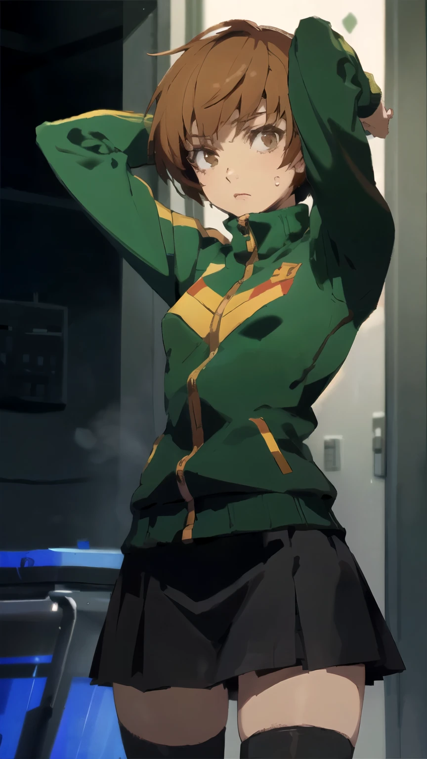 ((masterpiece,best quality)), {megaman_legends, lowpoly, PS1, PSX, pixelated } {horror_edit : } {} { (Chie: short_hair : brown_hair : brown_eyes : perfectly_small_shape_breast :   :  } { green_tracksuit : skirt }  {  close_up  : arms_behind_head } {standing_still} {  { no_emotion : hypnosis : stoic_expression }} { sweating  } { } : dark room :   }