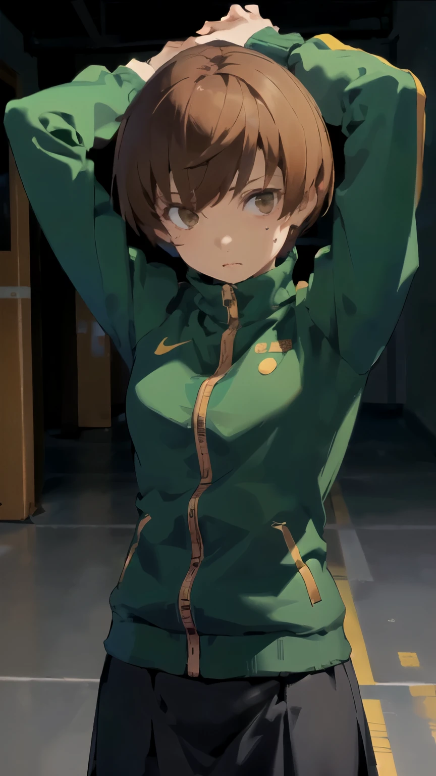 ((masterpiece,best quality)), {megaman_legends, lowpoly, PS1, PSX, pixelated } {horror_edit : } {} { (Chie: short_hair : brown_hair : brown_eyes : perfectly_small_shape_breast : : } { green_tracksuit : skirt } { close_up : arms_behind_head } {standing_still} { { no_emotion : hypnosis : stoic_expression }} { sweating } { } : dark room : }