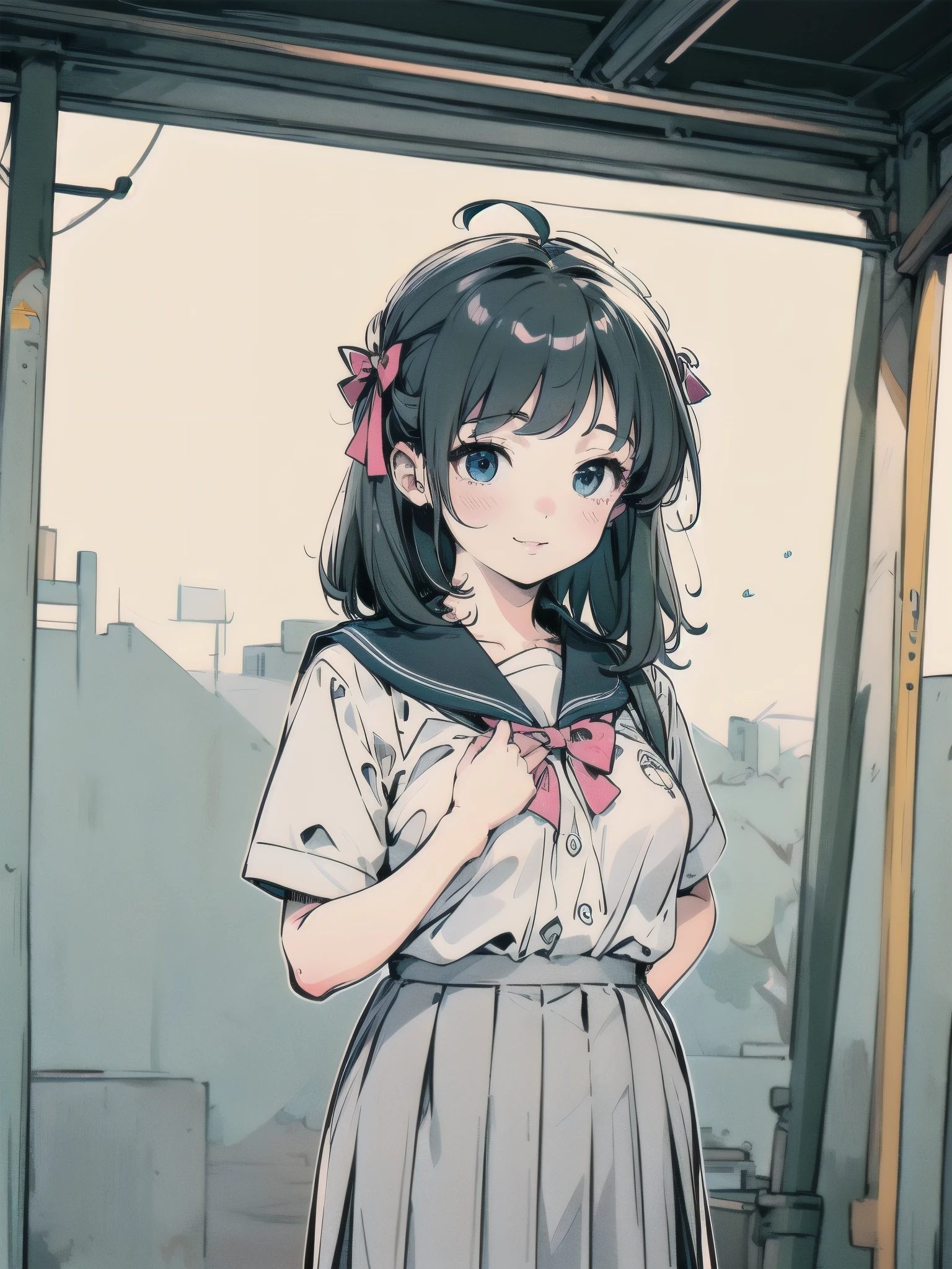 masterpiece best quality, absurdres very aesthetic, ver awa, general, depth of field,intricate details, clean outline, thin lines, clear-edged_thin-outline,
a best cute maid girl high-teens in love, ashamed smile, parted lips, heart hands over chest, cute pose, standing, light pink simple designed background, cowboy shot, from front view, heart-warming snapshot, happy (Valentine's Day) for you (theme),
yanami_anna, 1girl, solo, blue hair, blue eyes, ahoge, medium hair, shirt, looking at viewer, white shirt, school uniform, bow, skirt, pleated skirt, grey skirt, black sailor collar, Cute looks with loose semi-long hair that hangs to her shoulders, great hidden breasts that are disproportionately large for her cute appearance, cheerful and charming personality