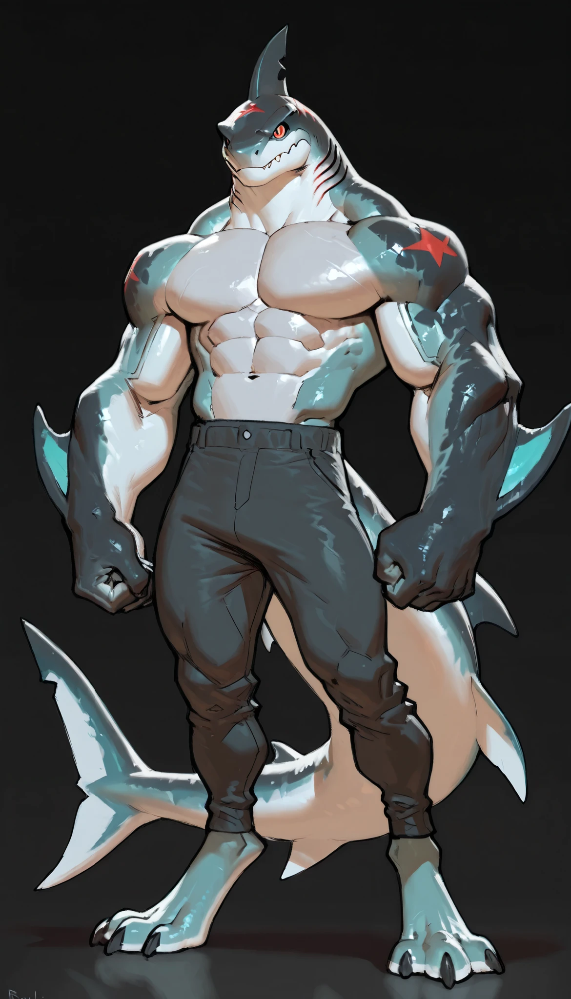sharkman, anthro megalodon, darker hands and fins, black back, solo, big arms, bara, detailed skin, lizard shark hybrid, anthro, closed mouth, detailed shark skin, scalie arms, fins on arms, gray color body, beefy, thick scales on arms, digitigrade legs, 3 toes, proporcional body, mercenary pants, wide chest, trapezoid body type, marked jaw, thick shark tail, The design incorporates elements from various shark species, such as the dorsal fin, sharp teeth, and muscular build, best quality, sketch, ultra-detailed, by Buta99, by taran fiddler, by honovy, by Riolutiny, detailed illustration of 4K horror, standing still