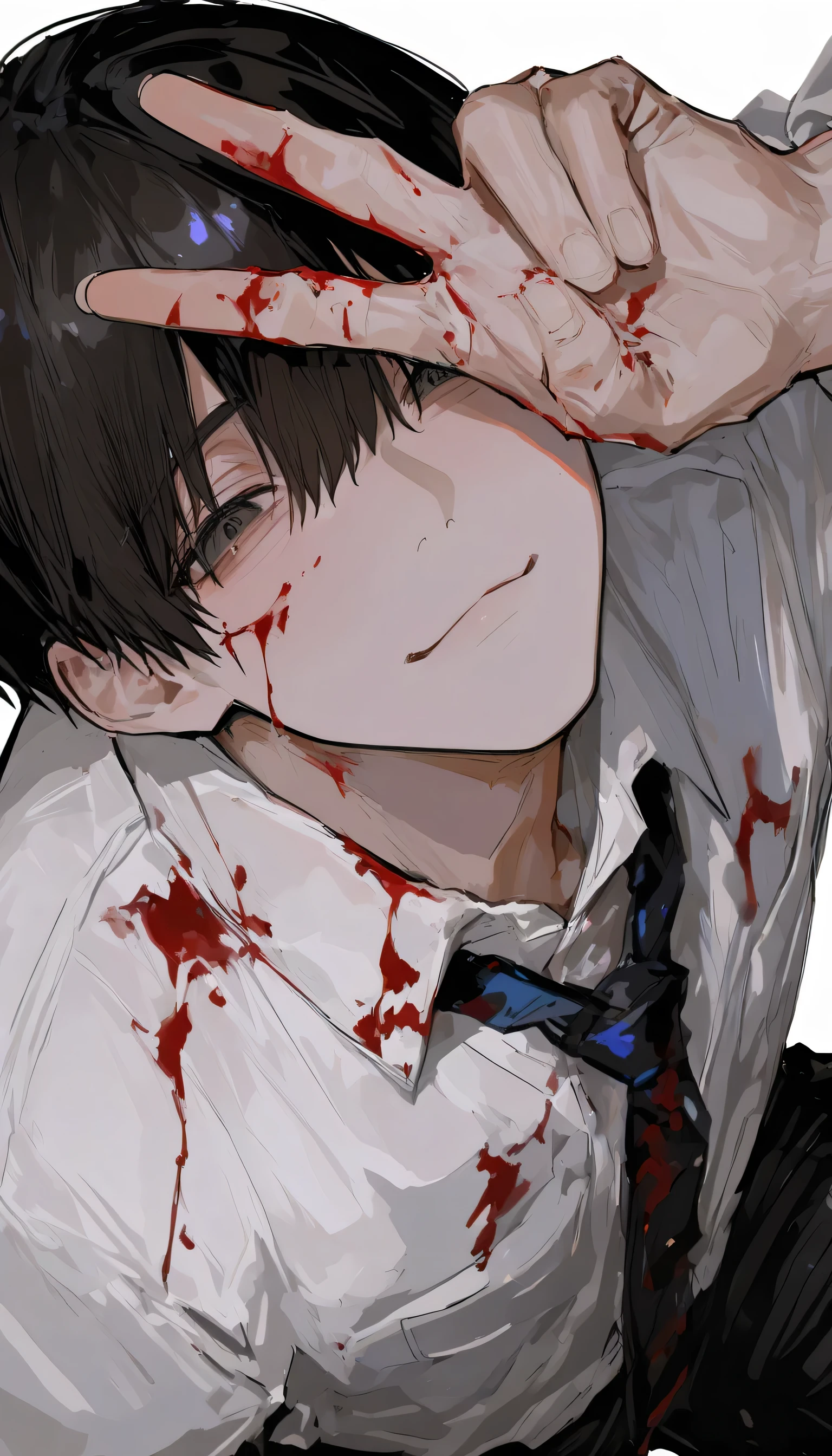 masterpiece, Best Quality , 748cmstyle. 1 boy , white background, from above, (Set:1.1), tie, :), ( blood stains on clothes :1.1), v, white background, blood on her hands , blood on her face ,