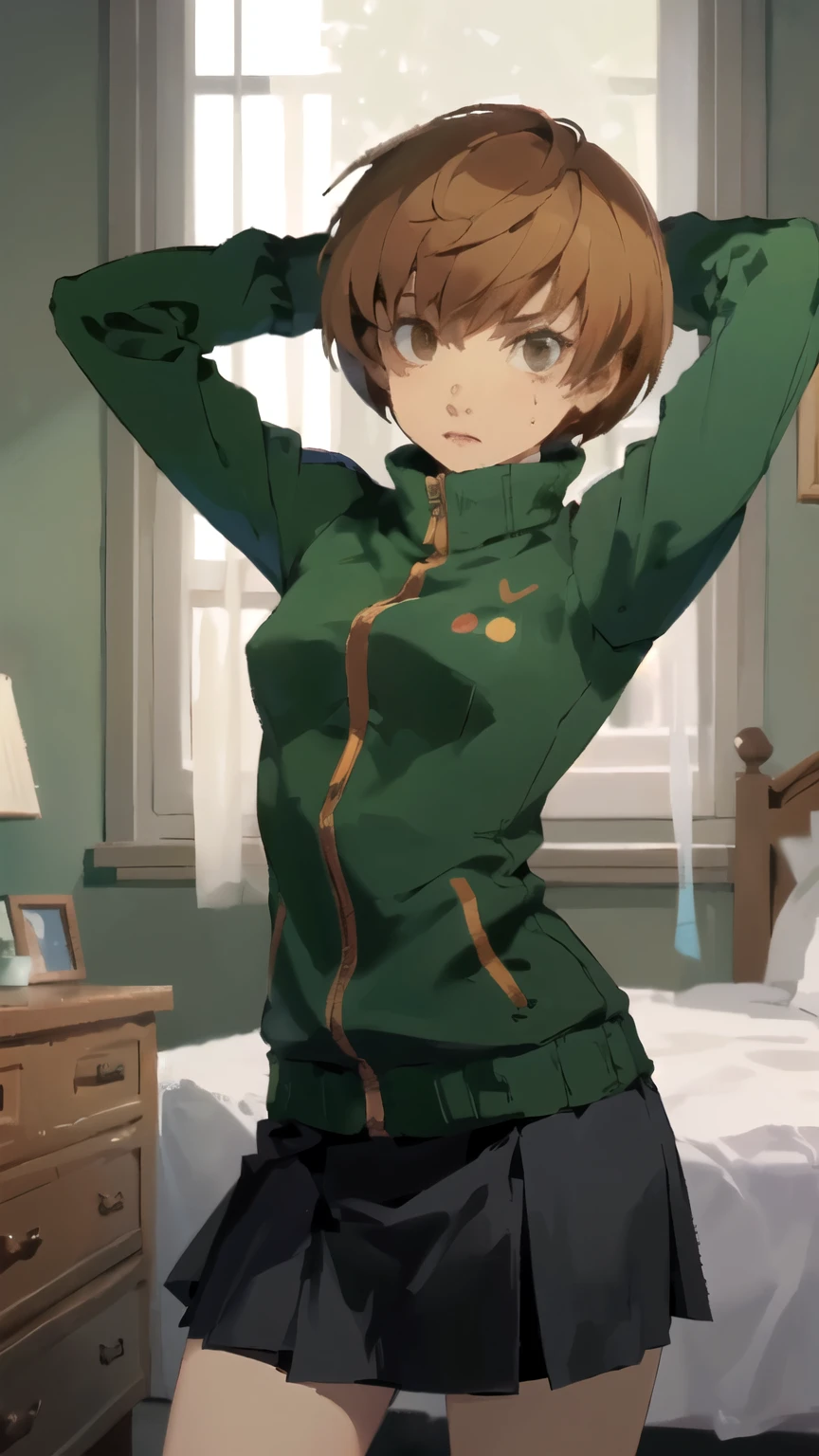 ((masterpiece,best quality)), {megaman_legends, lowpoly, PS1, PSX, pixelated } {horror_edit : } {} { (Chie: short_hair : brown_hair : brown_eyes : perfectly_small_shape_breast : : } { green_tracksuit : skirt } { close_up : arms_behind_head } {standing_still} { { no_emotion : hypnosis : stoic_expression }} { sweating } { } : dark bedroom : }