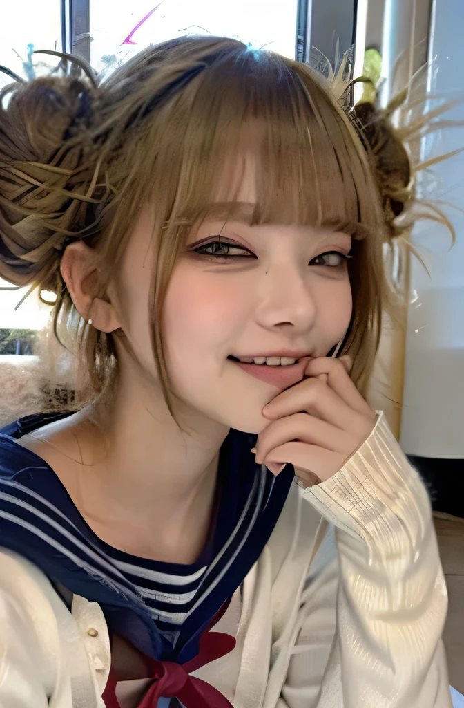 nsfw, (( top quality:1.5, 4K,  Masterpiece,  Supernatural:1.2)),  1 girl,  Japanese women:1.5,  asian women:1.8,  cute woman, 18 years old,  beautiful skin, Young face,  no makeup,  plump cheeks :1.5,  bright sunshine, Small lips,  pink lips,  open your mouth, ( big eyes:1.5,  Charming Eyes:1.5,  sling,  big eyes),  long lashes,  eyeshadow,  tight waist,  thin waist:2.0, Belly button:1.8, ((Large collar:1.5,  red ribbon:2.5, Navy blue collar),  dark blue short skirt,  thighs,  cross your legs,  sailor suit over beige sweater:2.5,  high school student,   Himiko Toga,  pants,  look in front of the bangs, (Sitting on the machine in the classroom), machine,  detailed face,  bun hair :1.5,  short hair, ( Gold, Long side hair:1.5, Full Bang:2.0),  small nose, Low Nose, Target nose,  negative prompt 