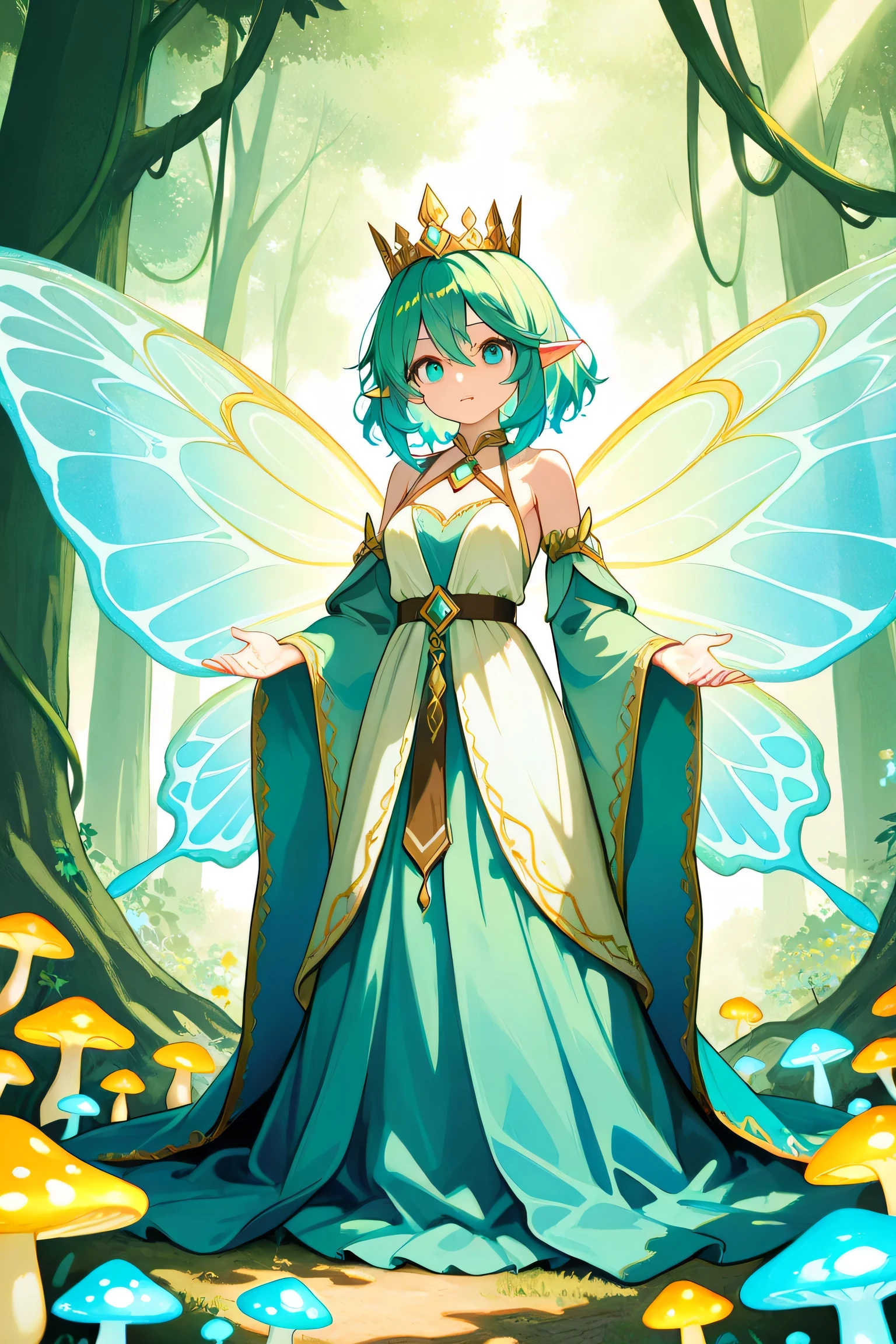 Create a stunning and detailed illustration of an ethereal forest fairy set in a magical, sunlit woodland. The central figure is a graceful and enchanting fairy with long, flowing turquoise hair that cascades down her back. She wears a delicate crown adorned with leaves and flowers, symbolizing her connection to nature. Her large, translucent wings are intricately veined and emit a soft, glowing light, adding to her mystical presence.
She is dressed in a flowing teal gown with intricate gold embroidery, featuring a deep V-neckline and wide sleeves. The dress is cinched at the waist with a belt that has a large, sparkling gemstone as its centerpiece. The fabric of the gown appears to be made of lightweight, shimmering material that catches the light beautifully. In her hands, she holds strands of moss and small, glowing mushrooms, further emphasizing her bond with the forest.
The background is a lush, enchanted forest with tall trees covered in moss and vines, creating a sense of depth and mystery. Sunlight filters through the canopy, casting dappled shadows on the ground and illuminating the scene with a warm, golden glow. The forest floor is dotted with colorful mushrooms and vibrant foliage, adding to the magical atmosphere. The overall color palette is rich and harmonious, with shades of green, blue, and gold, creating a visually captivating and unique image that captures the essence of a fairy tale world.