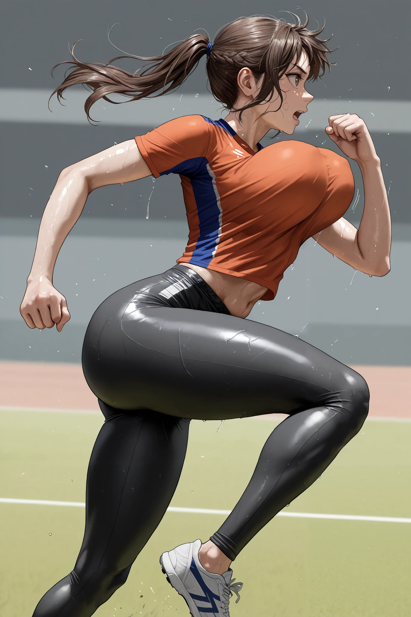 A girl's sports uniform,Running in the yard, in profile,A Little Sweat , dynamic pose, bouncing breasts,tight pants