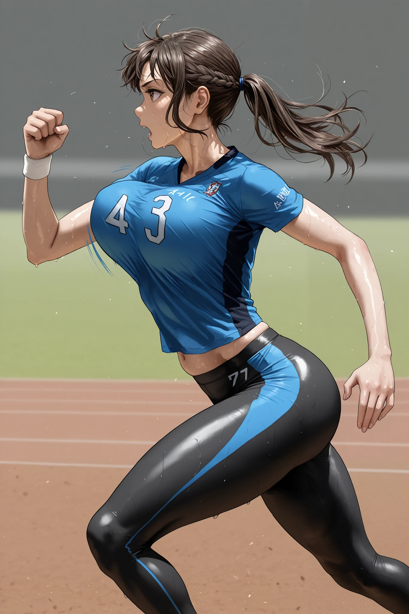 A girl's sports uniform,Running in the yard, in profile,A Little Sweat , dynamic pose, bouncing breasts,tight pants