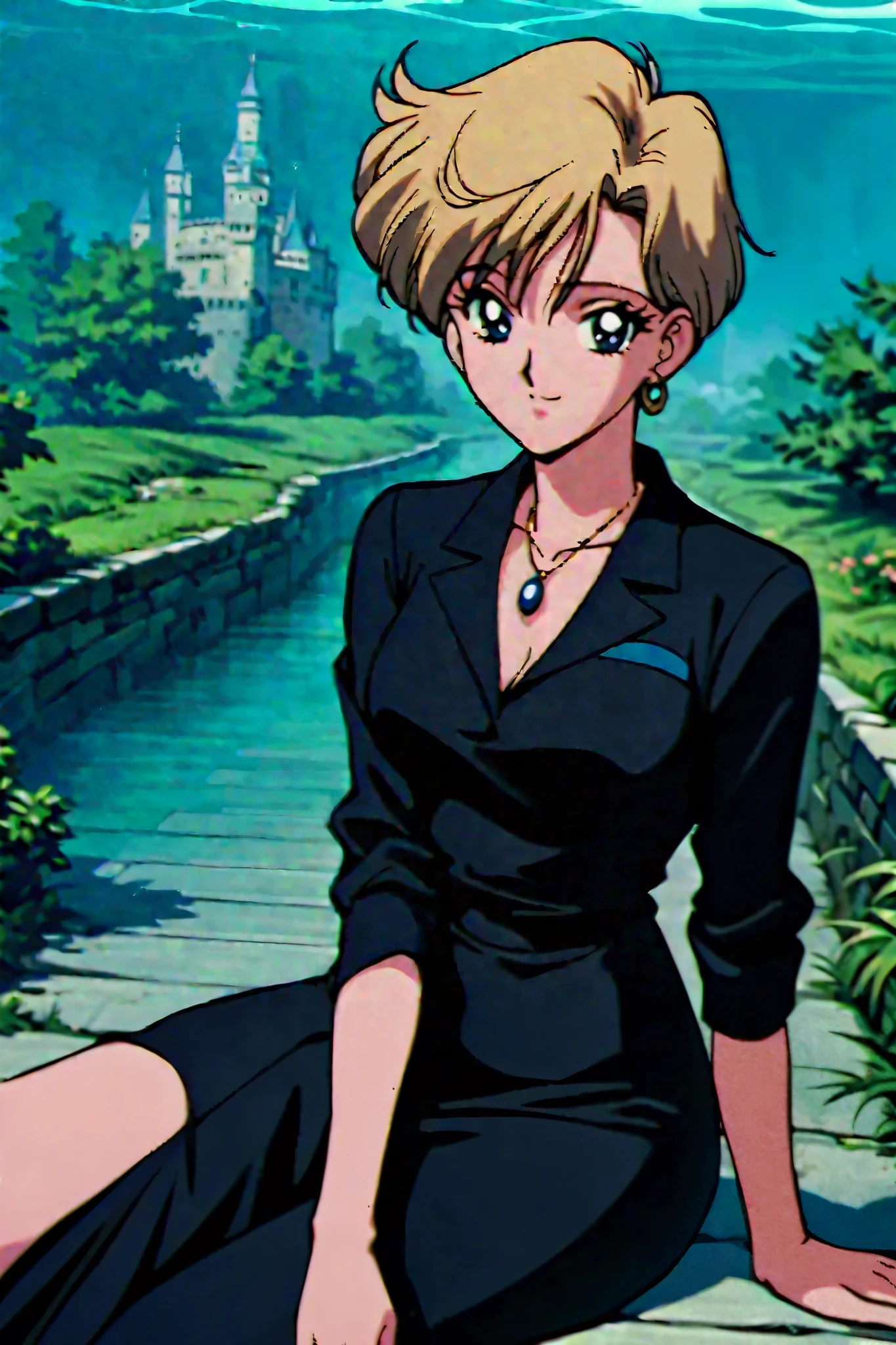 Masterpiece, best quality , very aesthetic, ridiculous ,1990s \( style\), 1 girl sitting underwater,Alone, sailor uranus XL, blue eyes, short hair while on a business trip, very short hair while on a business trip,Blonde, wanpieece, black dress, made of silk , castle, outdoor , necklace, earrings, smile,