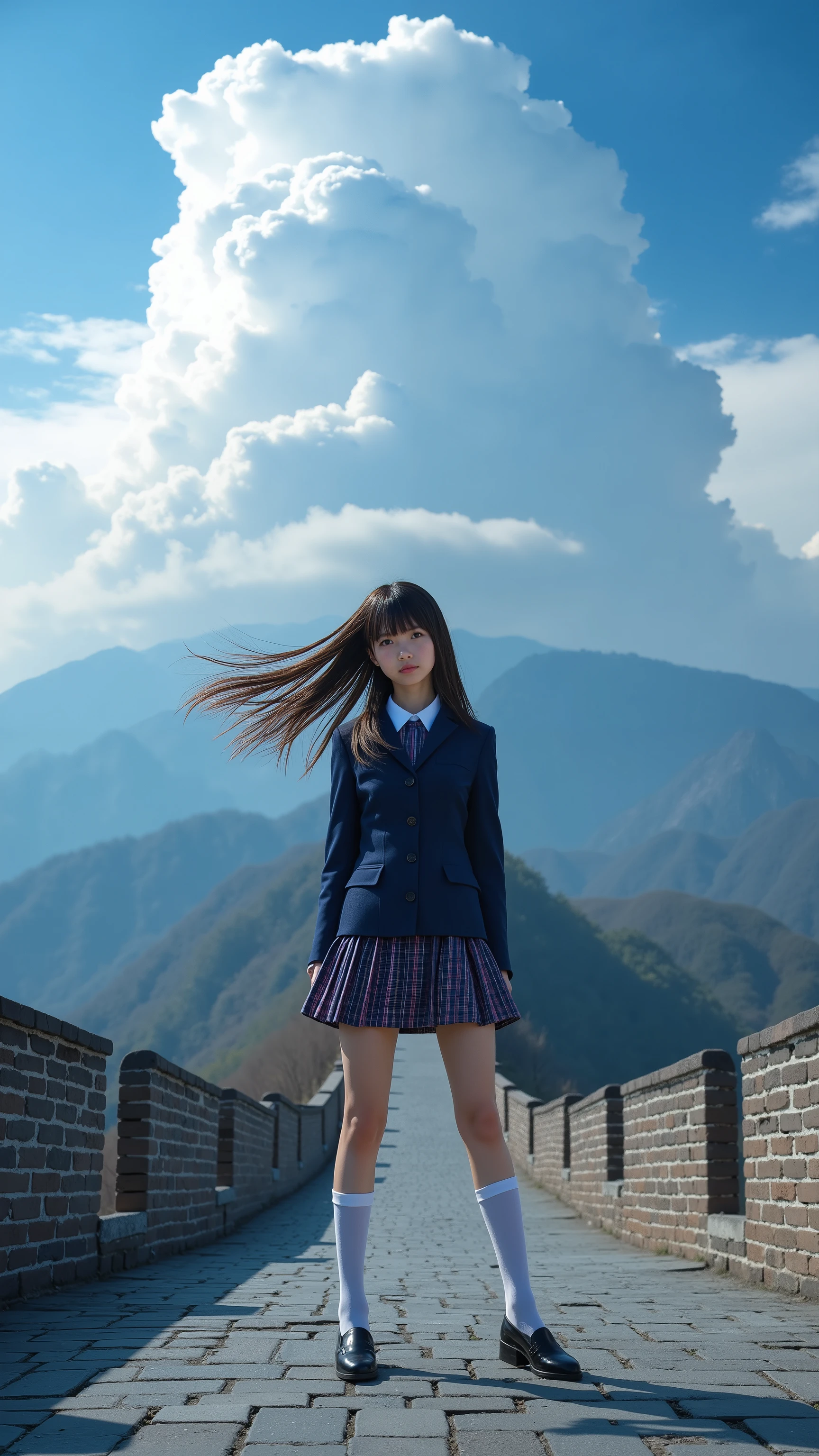 A high resolution photograph of Asuka in school uniform with long hair.
She stands with spread legs apart on the Great Wall of China. She looks at the camera that focusing her face. In the background is the beacon towers and mountains. The strong wind blows her hair. There are huge cumulonimbus clouds in the sky and the sun is shining through the clouds. The scene is grand and the atmosphere is very inspiring.