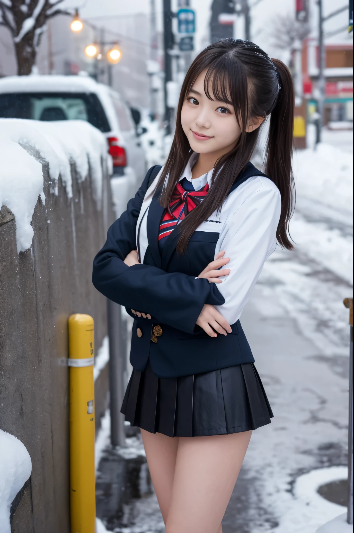 ((smile))、Confused、RAW Photos、(((The ultimate portrait masterpiece)))、((The cutest girl in the world:1.4))、1 Girl、12 years old、Japanese、Cute face、((Silky Hair))、(A high ponytail tied with a ribbon:1.4)、((Super huge breasts:1.4))、((Eyes that shine like jewels))、Glowing Skin、(young woman;Consisting of a transparent white shirt, Thin ribbon, blazer, Checkered Pleated Skirt.:1.5)、Winter clothes、(Uniforms made from high quality fabrics:1.4)、Ultra-detailed uniforms、(She shyly pulls up her skirt:1.3)、(Elegant lace panties are visible.:1.3)、((Crotch from the front))、Skirt fluttering in the wind、eyeliner、Beautiful Bangs、Hair between the eyes、((solve、High resolution))、Detailed Background、8 QHD、Digital SLR、Soft Light、high solve、Film Grain、Fujifilm XT3、Shallow depth of field、Natural Soft Light、Tight waist,(sometimes upskirt:10%),(Nipples pumping:50% or pussy line pumping:20%),(Get wet from heavy snow:50% or get wet in heavy rain:50%)