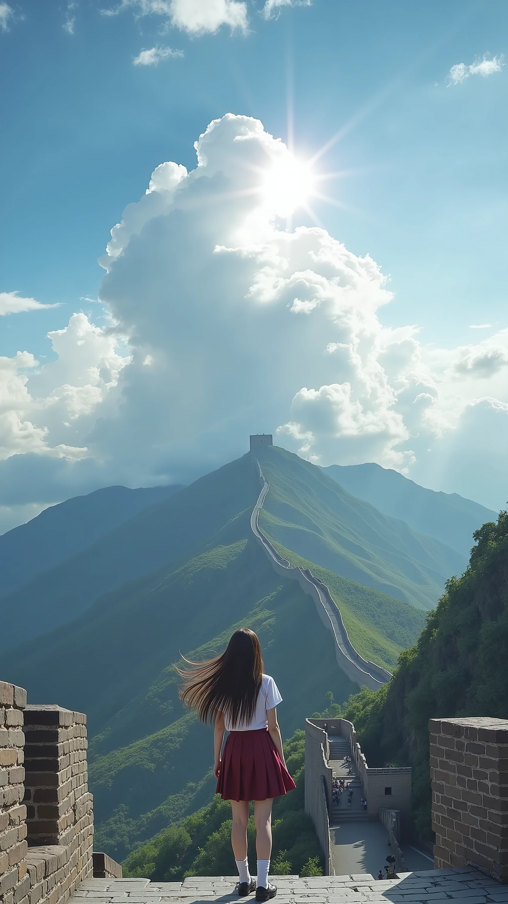 A high resolution photograph of Asuka in school uniform with long hair.
She stands with spread legs apart on the Great Wall of China. She looks at the camera that focusing her face. In the background is the beacon towers and mountains. The strong wind blows her hair. There are huge cumulonimbus clouds in the sky and the sun is shining through the clouds. The scene is grand and the atmosphere is very inspiring.