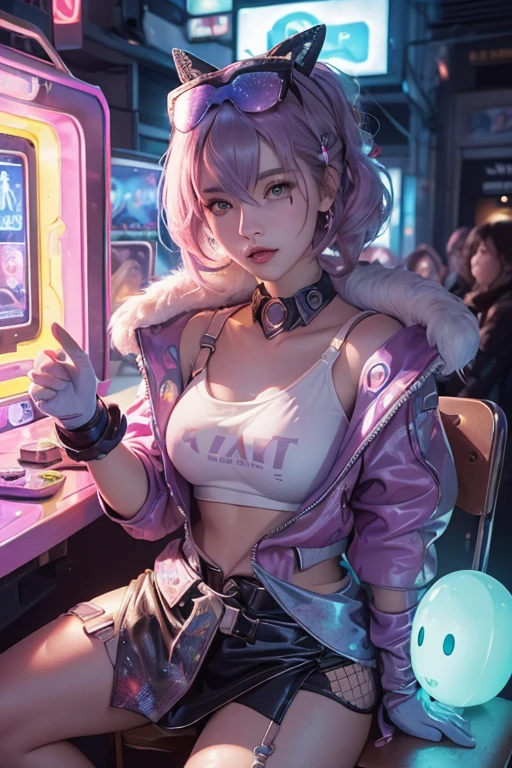 Full body lesbian, 1 slime girl, change, Alone, Eye focuudes exquisite radiance, Pink lens flare, movie background, Colorful, the ultra-detailed, HighDynamicRange, Ultra-detailed eyes, mature, plum, (Supermodel:1.3), (Bioluminescence hair: 1.1), (glowing light eyes), (Cosmetic, Strong, The brilliant colors are absolutely eye-catching, dynamic angle, Beautiful details shine through, 电影灯光,ray-traced reflection, vintagestyle, Life arcade characters, Arcade style world, mitts, jaket, Superskirt,long riding bootlack mitts, black jaket, Drill your hair, Superskirt, (Cute face:1.3),