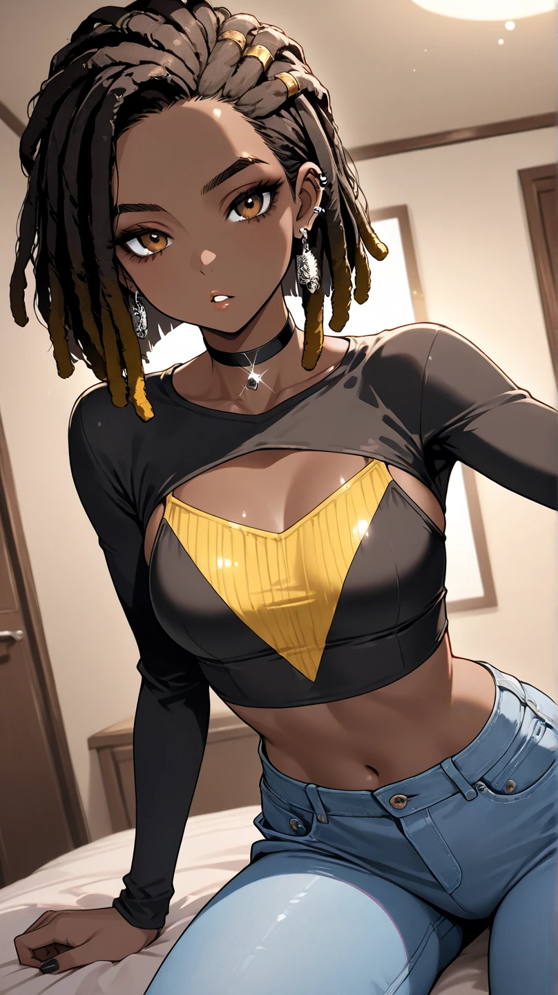 (highest quality、masterpiece:1.2) 1 Female, (adult), tall, (Dark skinned woman, hair over one eye), dark white hair, blue hair, mixed hair color, yellow Eyes, little glasses, ((black tailored jacket, white shirts, shorts pants)), smiling eye, collarbone, (cleavage), little earring, armpit, pointy ears, (off shoulder), leather gloves, (mouth mask),