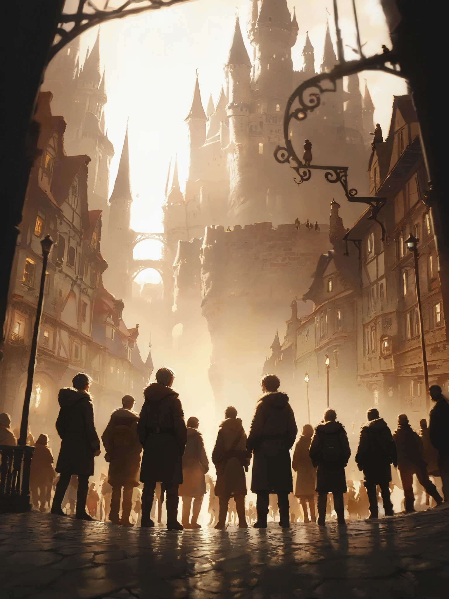 (A boy with his back ),against the light,A silhouette of a boy in the midst of people looking at the castle ,town, background castle ,fantasy world,bar, a lot of people, a boy in the middle of the road , houses on the sides , warm lighting coming out of side buildings,Panoramica , perspective,( takes low angle ),The camera is positioned at a low height , almost at ground level ,  which makes the character and the buildings look bigger and more impressive