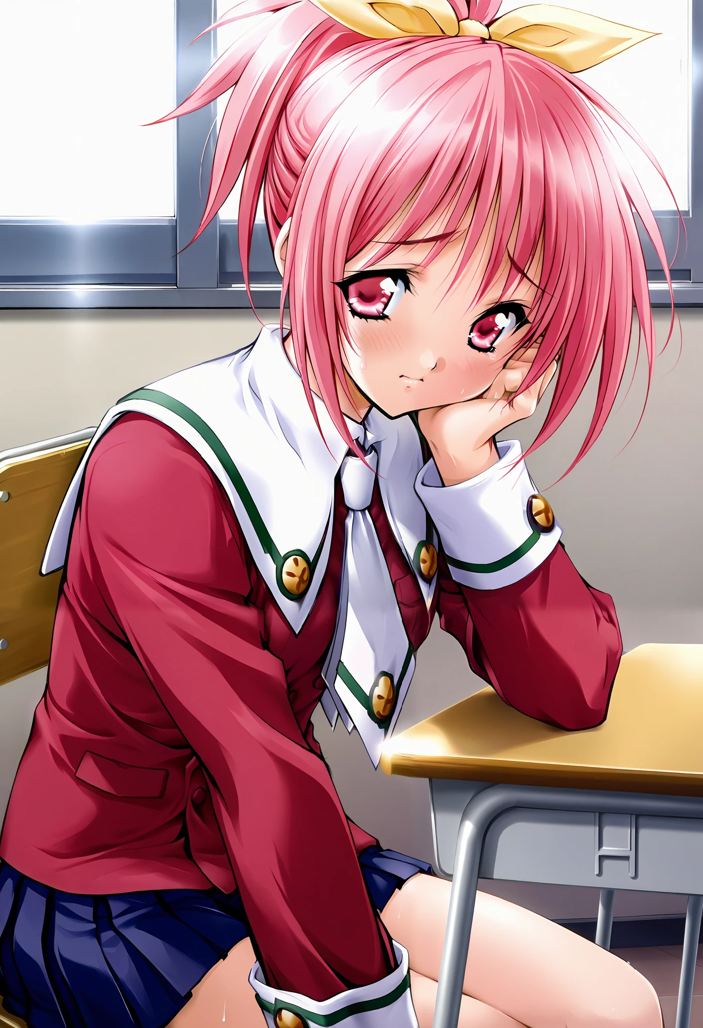 masterpiece, best quality, official art, amazing quality, ultra highres, very aesthetic, highly detailed,
1girl ,Serina,yellow ribbon,(pink hair),(pink eyes), beautiful detailed eyes, BREAK
serina_school_uniform, red school uniform, white necktie, blue pleated miniskirt,provocation, school desk, chair, sitting,from side,head rest,(look away),school uniform, shirt, skirt,nervous,cowboy shot, highly detailed,