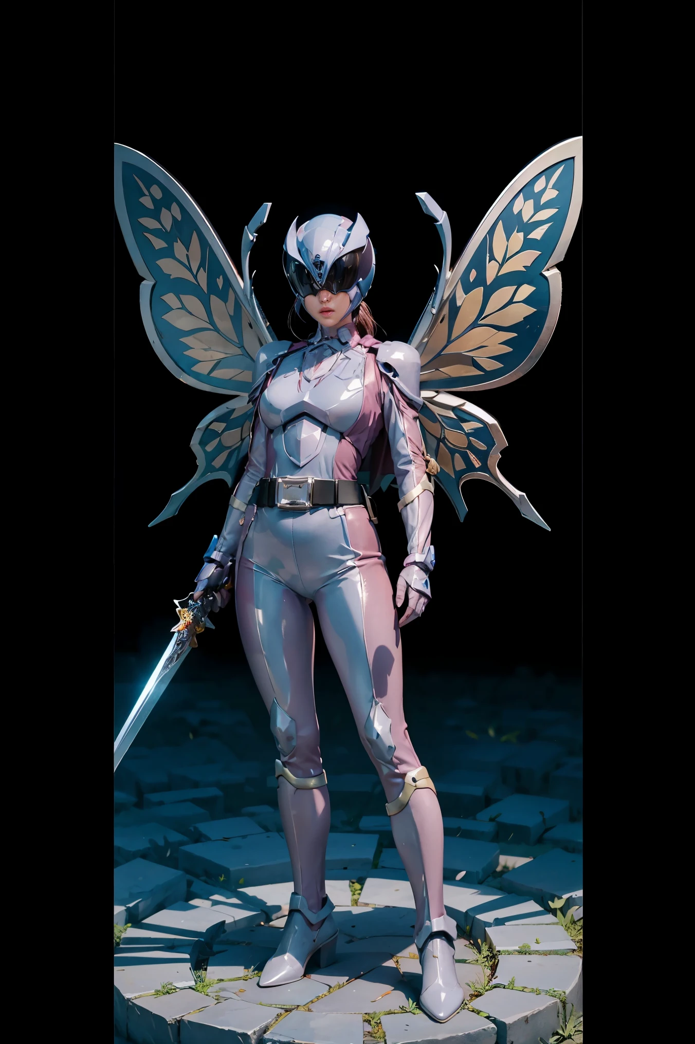 1girl, full body, Illustration, cinematic light, high resolution, best quality, ultra-detailed, masterpiece, power suit, powerranger, suit, kingohger, holding sword, butterfly wings