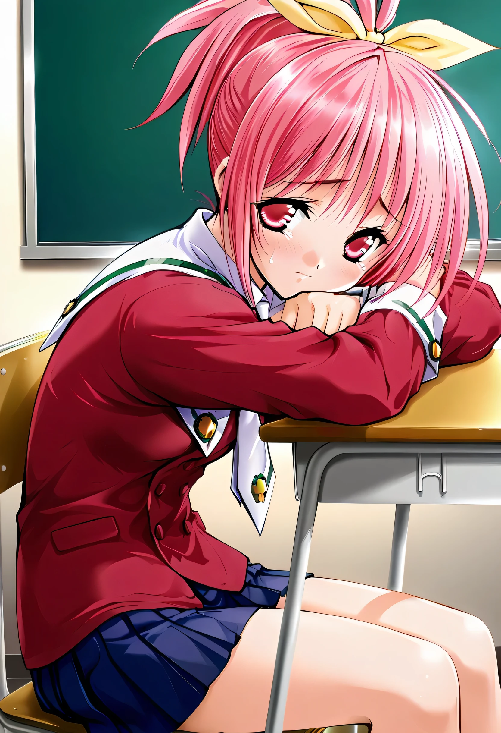 masterpiece, best quality, official art, amazing quality, ultra highres, very aesthetic, highly detailed,
1girl ,Serina,yellow ribbon,(pink hair),(pink eyes), beautiful detailed eyes, BREAK
serina_school_uniform, red school uniform, white necktie, blue pleated miniskirt,provocation, school desk, chair, sitting,from side,head rest,(look away),school uniform, shirt, skirt,nervous,cowboy shot, highly detailed,