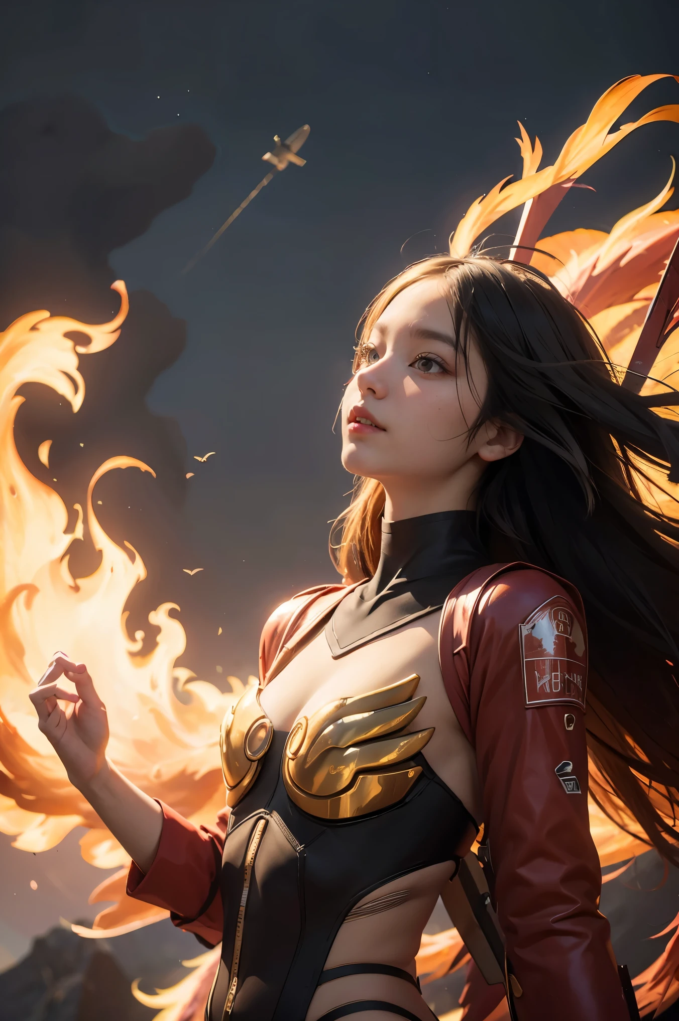 1girl, Absurd resolution, high resolution, (masterpiece: 1.4), hyper-detail, a mech, red armor with red wings, floating flight in the sky (1.8) background is wild, fire, full bodysuit,