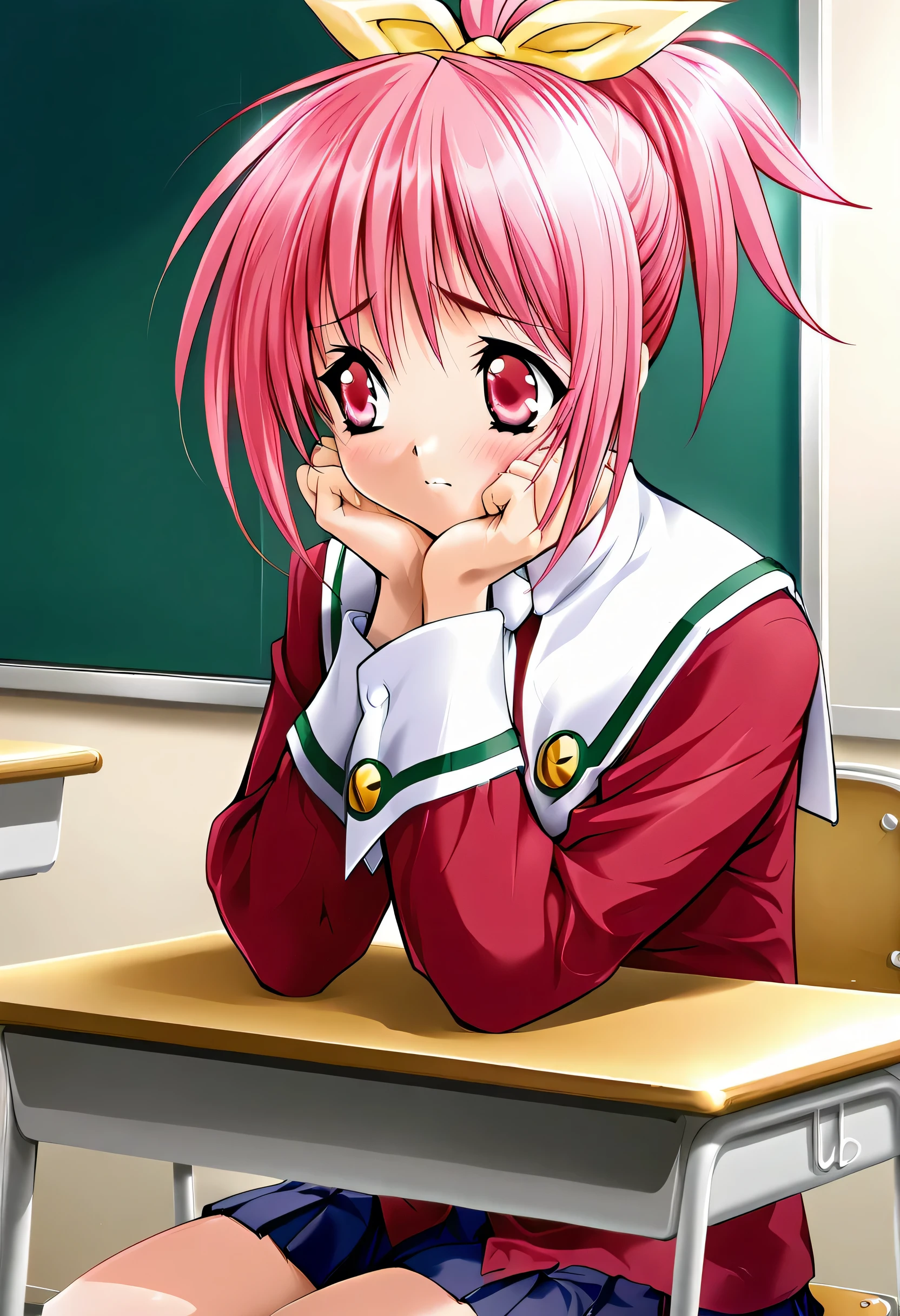 masterpiece, best quality, official art, amazing quality, ultra highres, very aesthetic, highly detailed,
1girl ,Serina,yellow ribbon,(pink hair),(pink eyes), beautiful detailed eyes, BREAK
serina_school_uniform, red school uniform, white necktie, blue pleated miniskirt,provocation, school desk, chair, sitting,from side,head rest,(look away),school uniform, shirt, skirt,nervous,cowboy shot, highly detailed,