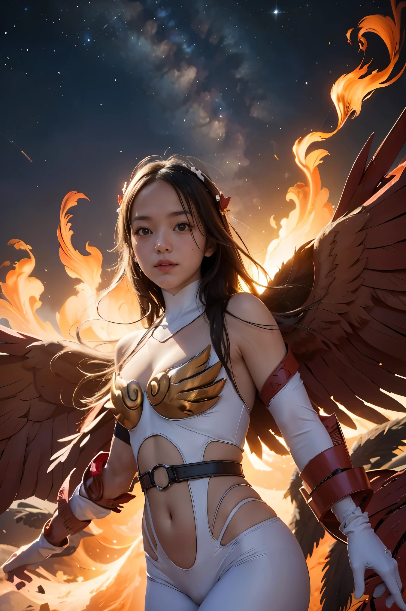 1girl, Absurd resolution, high resolution, (masterpiece: 1.4), hyper-detail, a mech, red armor with red wings, floating flight in the sky (1.8) background is wild, fire, full bodysuit,