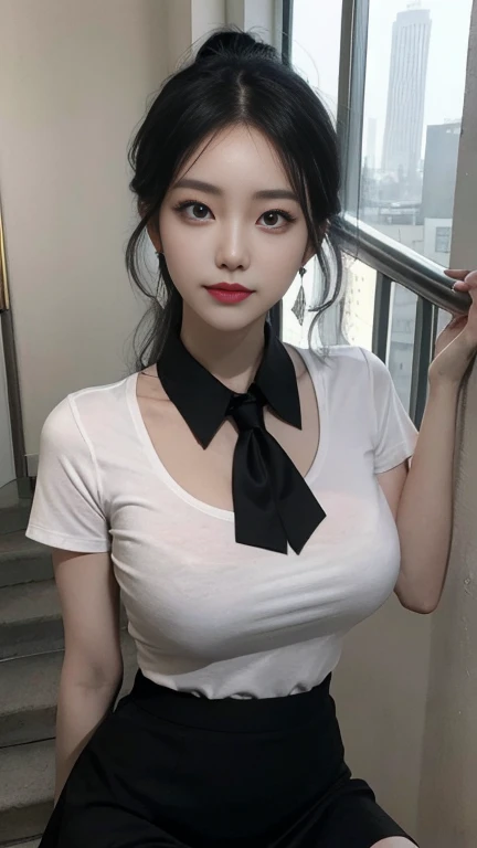 (((old woman))), 60 years old, (((Emphasize wrinkles around the eyes)))、Very detailed CG ユニティ 8k 壁紙, Highest quality, Very detailed, masterpiece, Realistic, Photo Real, Very detailed sexy mature woman, secretary, Big Breasts, blush, Lips parted, (Open-collar shirt), (Cleavage), mini skirt , Black Stockings、office ,Room with bookshelf , Semi Body Shot , Hair Intake