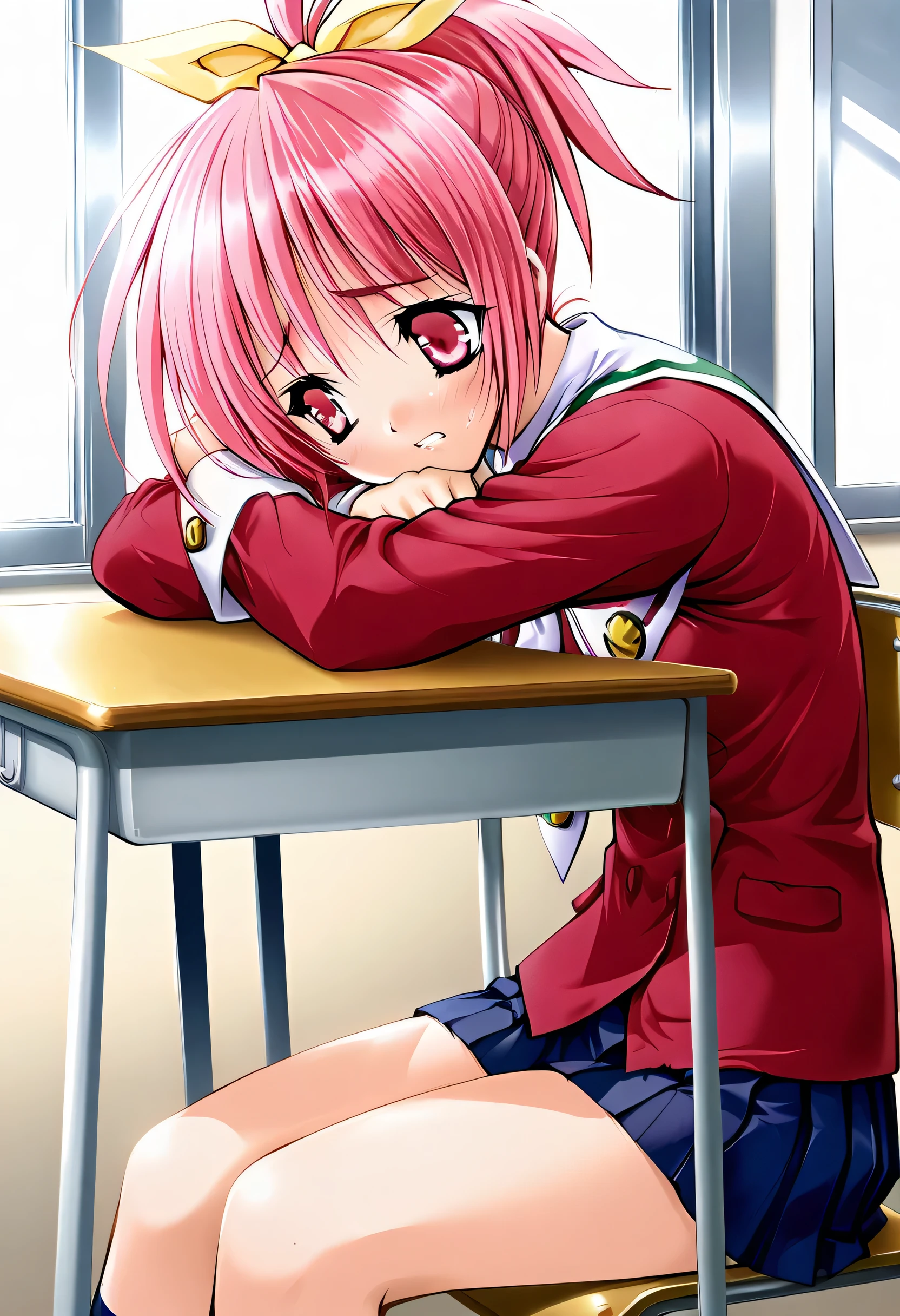 masterpiece, best quality, official art, amazing quality, ultra highres, very aesthetic, highly detailed,
1girl ,Serina,yellow ribbon,(pink hair),(pink eyes), beautiful detailed eyes, BREAK
serina_school_uniform, red school uniform, white necktie, blue pleated miniskirt,provocation, school desk, chair, sitting,from side,head rest,(look away),school uniform, shirt, skirt,nervous,cowboy shot, highly detailed,
