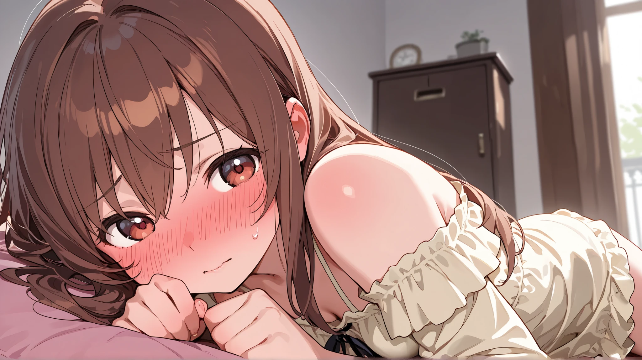 Girl, (light brown hair:1.5), (black eyes:1.1), (big eyes: 1.1), (sagging eyes: 1.5), (very long hair:1.1), hair between eyes, (flat chest:1.3), (straight hair), very short, only , droopy eyes, , (short height:1.8), young face , smooth straight hair ,bed,bed,lying on back,Satin Camisole Set ,(bottomless:1.1)