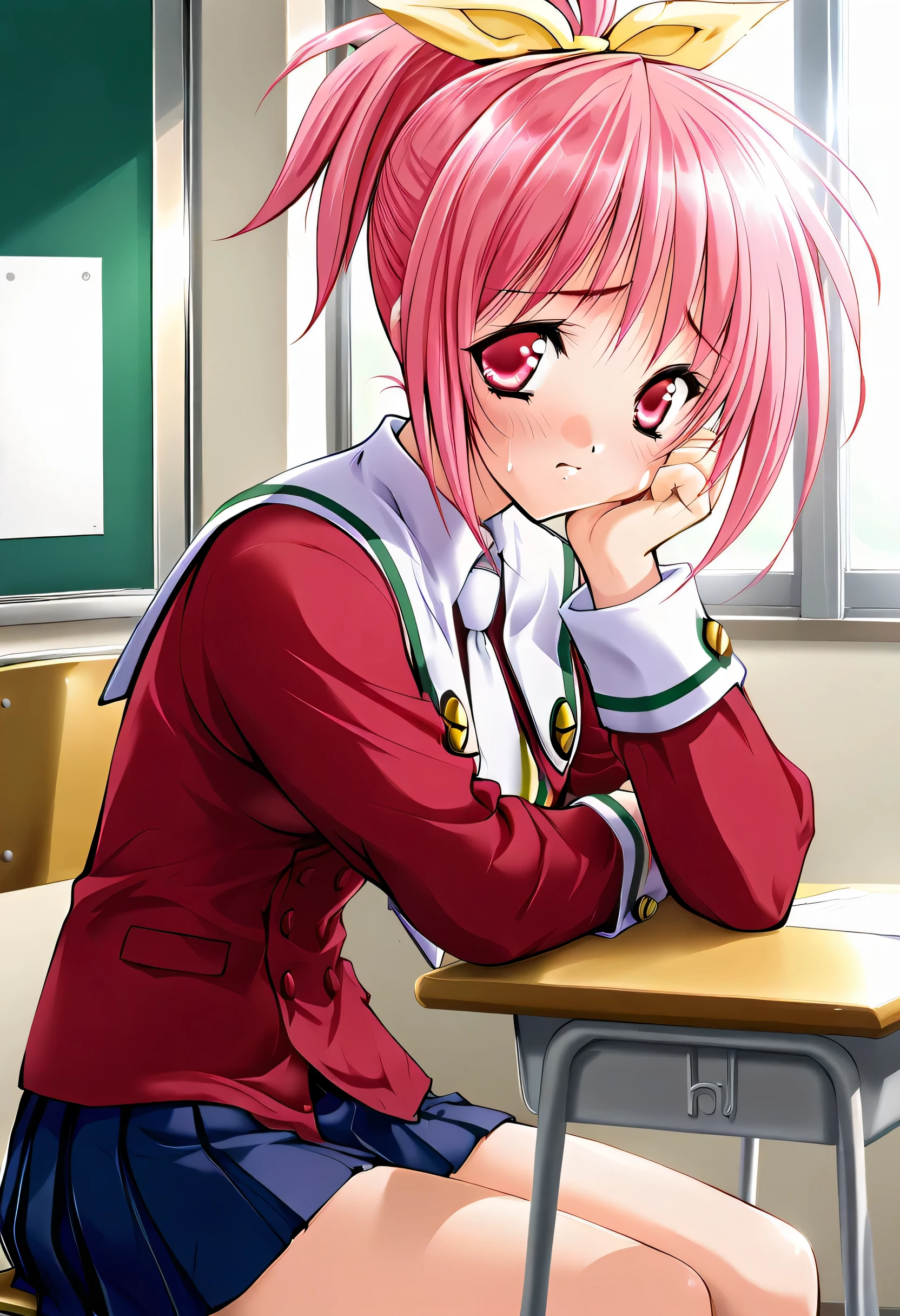 masterpiece, best quality, official art, amazing quality, ultra highres, very aesthetic, highly detailed,
1girl ,Serina,yellow ribbon,(pink hair),(pink eyes), beautiful detailed eyes, BREAK
serina_school_uniform, red school uniform, white necktie, blue pleated miniskirt,provocation, school desk, chair, sitting,from side,head rest,(look away),school uniform, shirt, skirt,nervous,cowboy shot, highly detailed,
