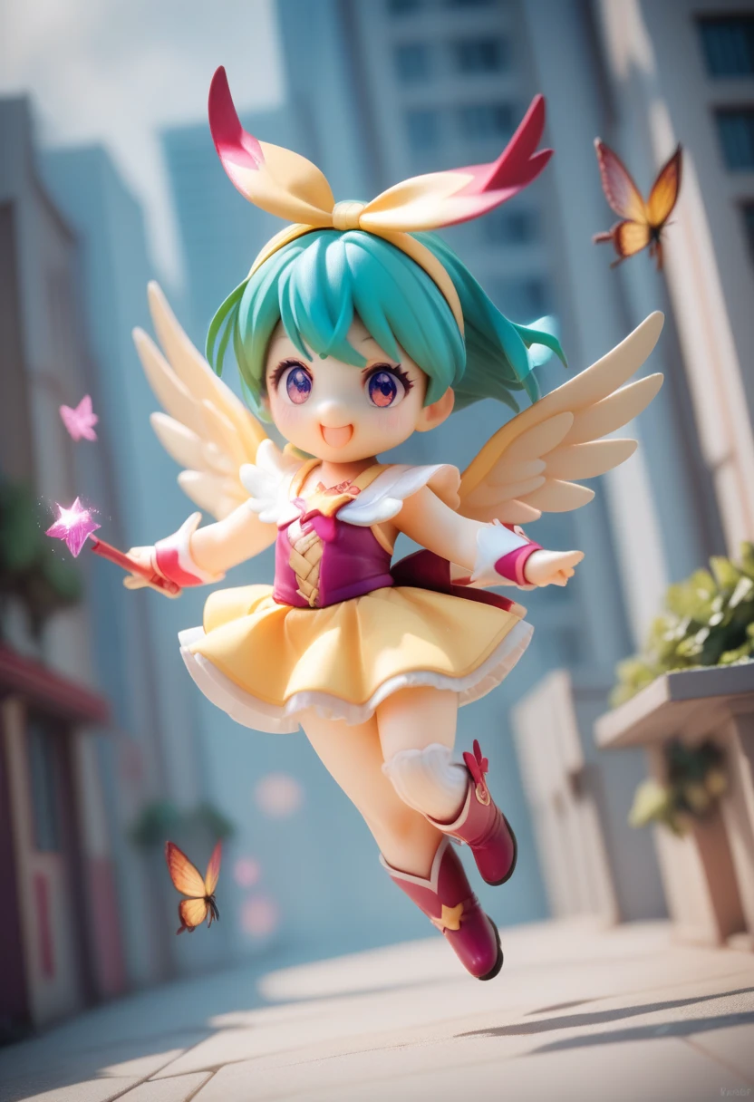 cute chibi magical girl flying over the city, with a magic stick, fly high, Fly over the city , pvc