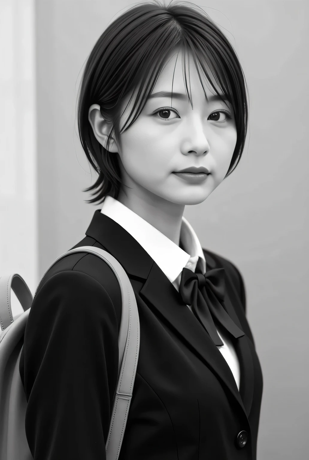 black and white photo of a retro female student ,  by Nomi, Beautiful Japanese woman's face, extra close-up:1.8,  Closeup Photos of Faces ,  facing straight to camera  :1.37, Black and White Photography:1.37, Black and White Photography:1.37,  by Nomi, Very by Nomi photos,  is standing,   perfect anatomy:1.21,  small head:1.21,  thin lips:1.5,  Close your lips ,  black trail blazer :1.21, A plain uniform from a famous high school in the city  ,  blazer uniform,   blazer, black blazer ,  white collar shirt:1.21, Black loop ribbon :1.331,   carrying a school backpack ,  black hair ,  Low Ponytail Hair , Japanese woman without makeup :1.21,  Beautiful Japanese Woman Face :1.21, Detailed Iris, , Sharp eyebrows:1.37,  detailed face,  white skin:1.21,  fine skin,  growing skin:1.21,  natural light illuminates her :1.37, レトロなBlack and White Photography, やさしい Black and White Photography :1.37, レトロな Black and White Photography :1.37, Silky Screen, Nostalgic Photos,  with dynamic, cinematic lighting,