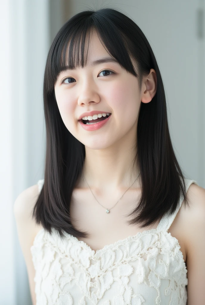      super high heels   。  reality。 Asian teenage girl headshot 、   straight hair。  shirtless 。  Surprised,     she closed her eyes    ,    open your mouth wide   , Then she closes her eyes 。Pure White Room