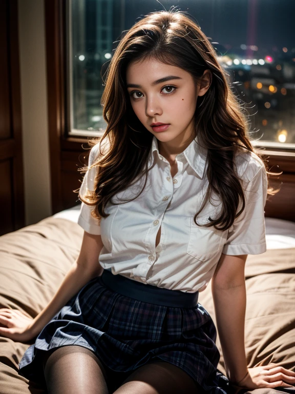 (in 8K、Raw photography, top-quality, hight resolution:1.2)、(realisitic、photoRealstic:1.5)、 (film overlay, film grain:1.5), 1 girl、((20 years old))、japanese, solo, Beautiful girl, lying on the bed, ((looking down)), bed room, Large Pillow, ((school uniforms, red checked skirt)), ((less mole)), ((long hair)), ((wavy hair)) , (( disheveled hair)), detailed body, Cute and very detailed eyes, Cherry-heart-shaped lips, ((room at night)), ((dark light)), dark ilumination, Detailed eyes, detailed facial features, detailed arms, Detailed fingers, Detailed legs
