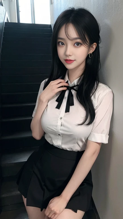 (8K,best quality,masterpiece:1.2),(In reality,realistic:1.4),(RAW photos),perfect details,18-year-old South Korean female model,Korean beautiful girl,Goose egg face shape,wavy curly hair,pure desire,((upper body:5 Point Shirt,black shirt,(Little Red Tie),short sleeve,Crop topping)),(private part:Skirt that hugs the buttocks,black),Wear pantyhose and sneakers,chest이 크다,chest,Butt Lift,hotel,rooms,window