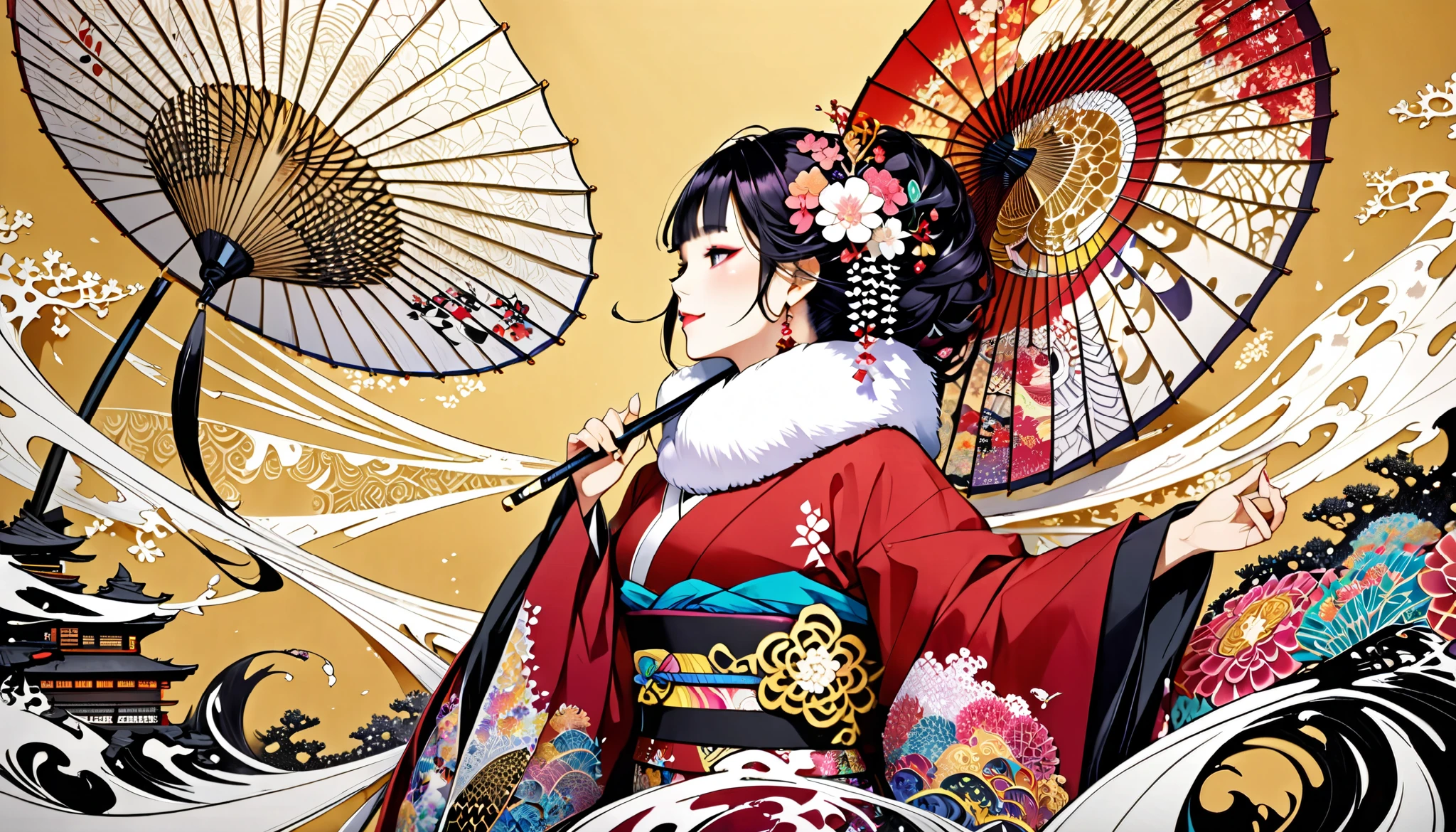 white fur stole, smiles shyly, numerous beautiful Japanese umbrellas, very beautiful red kimono, ((( gold background, Plum World))), 8k wallpaper with a sense of unity, super detailed, beautiful and artistic , top quality, ( zentangle , Mandala, Tangle, Tangle ), ( fractal art :1.3 ), A luxurious kimono with an ancient pattern, mink scarf draped over shoulders, her long sleeves dynamically envelop the entire picture, very luxurious head ornament, Background、minimalistic white world with soft pastel colors in sumi-e style ( Japanese ink painting ), highlighting her dynamic pose from multiple angles、artistic and attractive composition, pastel watercolor touches in the background、 creates a mysterious and harmonious fusion of black and white ink and colorful watercolor, tattoo, kimono, ukiyo-e, abstractionism, depth synthesis, First-person perspective , throw, masterpiece, Award-winning