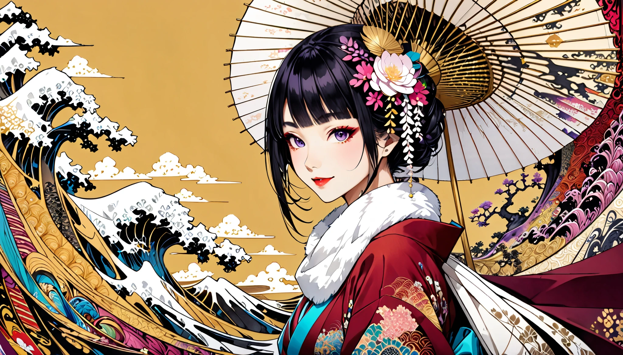 white fur stole, smiles shyly, numerous beautiful Japanese umbrellas, very beautiful red kimono, ((( gold background, Plum World))), 8k wallpaper with a sense of unity, super detailed, beautiful and artistic , top quality, ( zentangle , Mandala, Tangle, Tangle ), ( fractal art :1.3 ), A luxurious kimono with an ancient pattern, mink scarf draped over shoulders, her long sleeves dynamically envelop the entire picture, very luxurious head ornament, Background、minimalistic white world with soft pastel colors in sumi-e style ( Japanese ink painting ), highlighting her dynamic pose from multiple angles、artistic and attractive composition, pastel watercolor touches in the background、 creates a mysterious and harmonious fusion of black and white ink and colorful watercolor, tattoo, kimono, ukiyo-e, abstractionism, depth synthesis, First-person perspective , throw, masterpiece, Award-winning