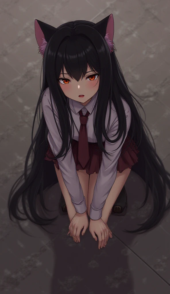 Create images of white-skinned girls,  black hair,  Brown eyes , She is kneeling crying for the loss of her beloved , anime style