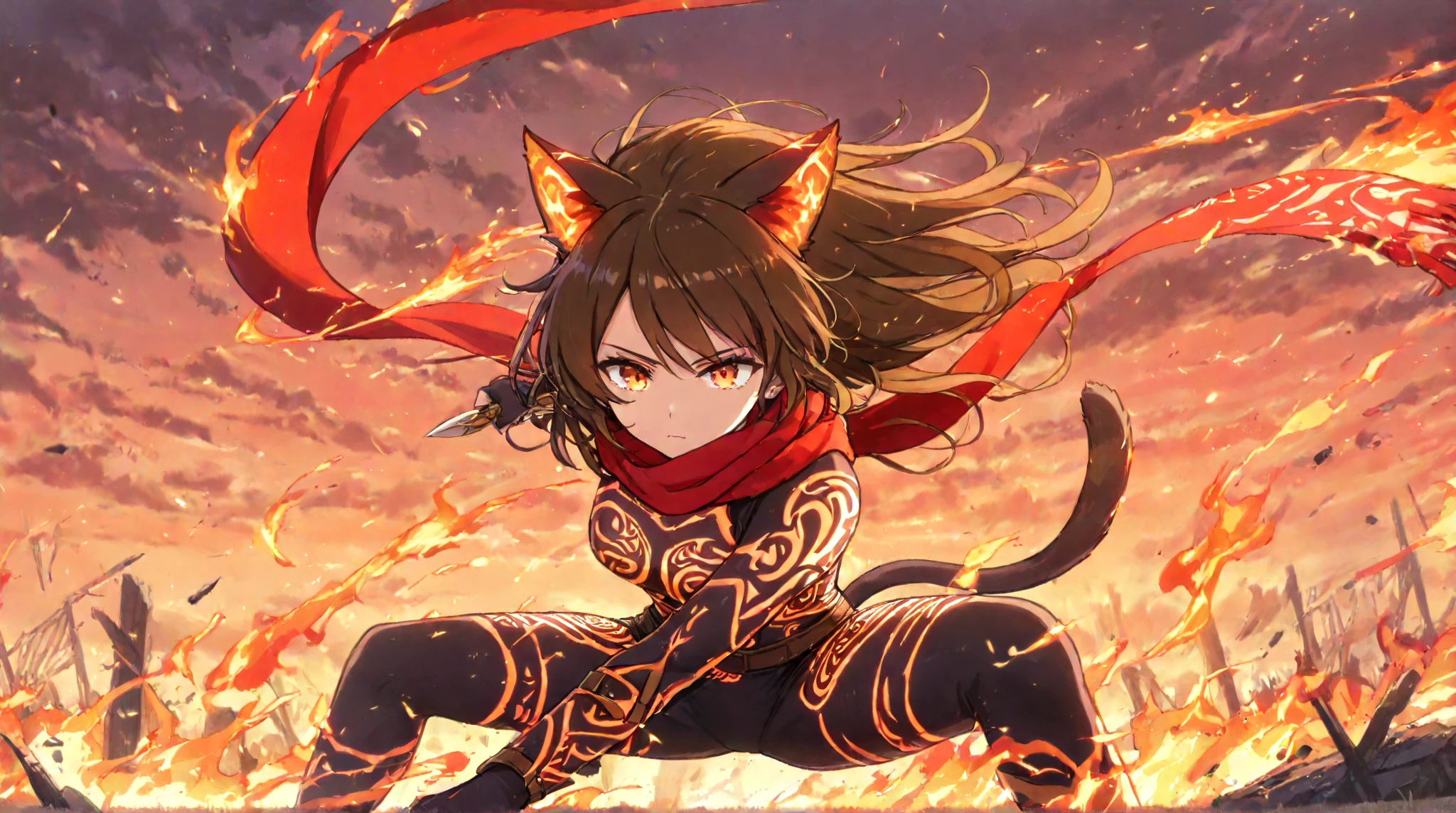 A warrior cat-eared girl with short, spiky brown hair and bright amber ...