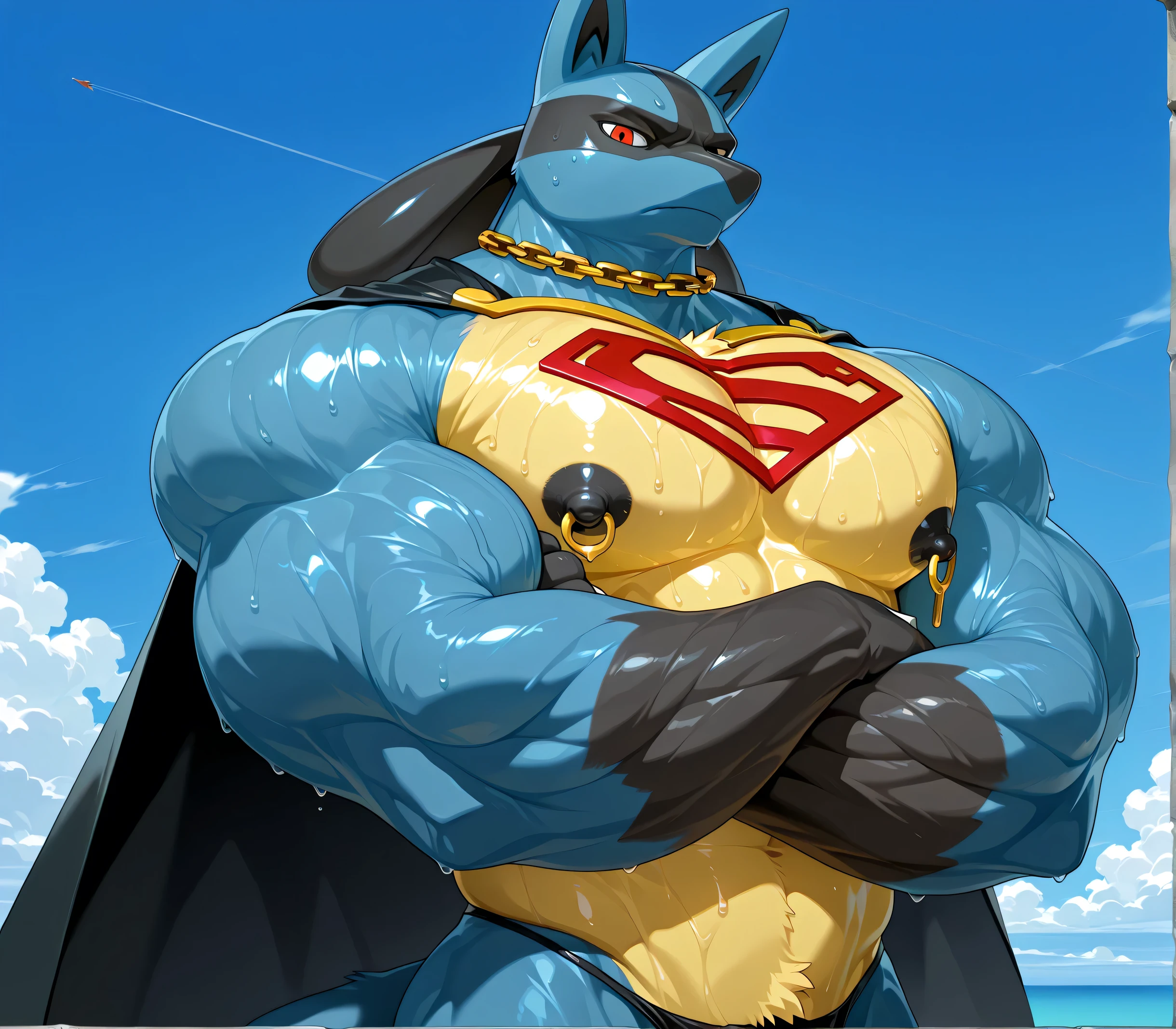 kemono, by null-ghost, by zixiong, solo, male, tail, Lucario, anthro, black nipples, big nipples, gold nipple rings, sweaty, handsome, broad shoulders, black thong, broad chest, huge muscular, posing, bedroom eyes, thick neck, thick arms, crossed arms, serious, flying in the sky, clouds, wearing gold chains around neck, wearing superman outfit, superman symbol on center of chest, black cape, detailed background, looking at viewer, sweaty, low view, close shot of chest and face, BREAK score_9_up,score_8_up,score_7_up,score_6_up,score_5_up,score_4_up
