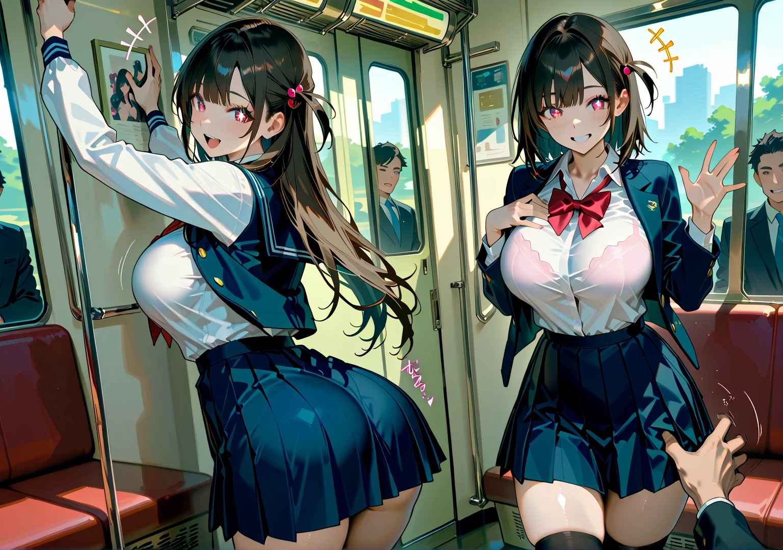 SFW, realista, obra prima, VERY crowded subway train interior detailed scenario, VERY crowded subway train interior detailed background, Incrivelmente quente (Mulher 1) sexo useo ((Uniforme escolar)), (((saia levantada)), (Gree),(fear expression), rosto corado